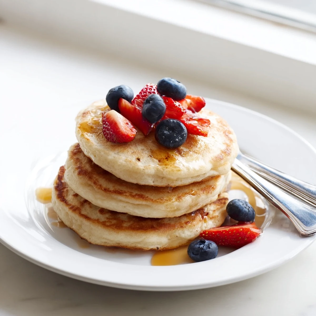 Golden stack of fluffy pancakes drizzled with maple syrup and topped with fresh berries for breakfast