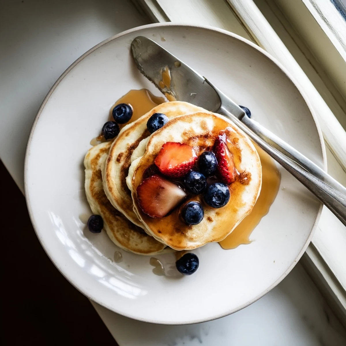Light and airy homemade fluffy pancakes with butter melting on top served on a white plate