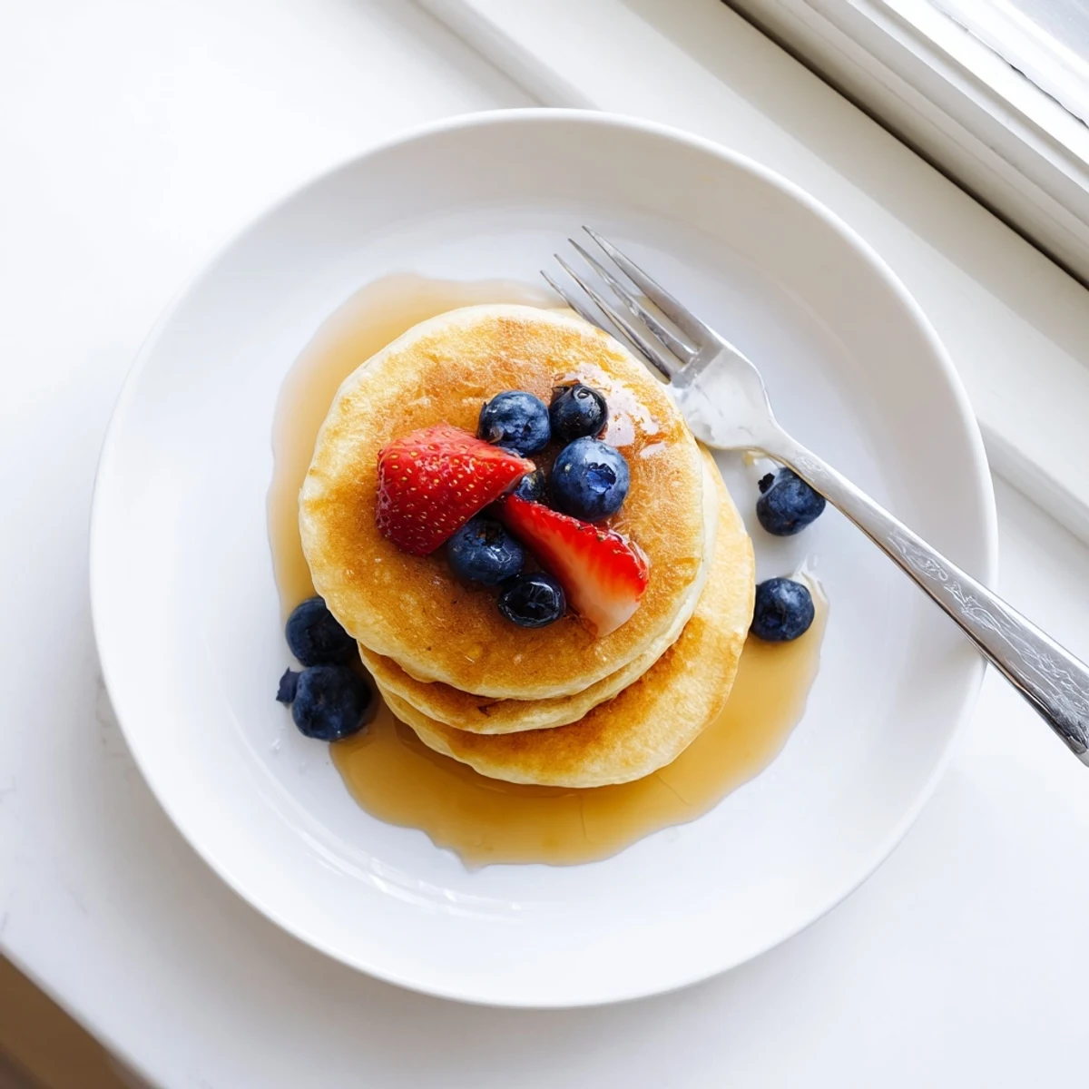 Perfectly cooked fluffy pancakes stacked high with golden edges and a dusting of powdered sugar
