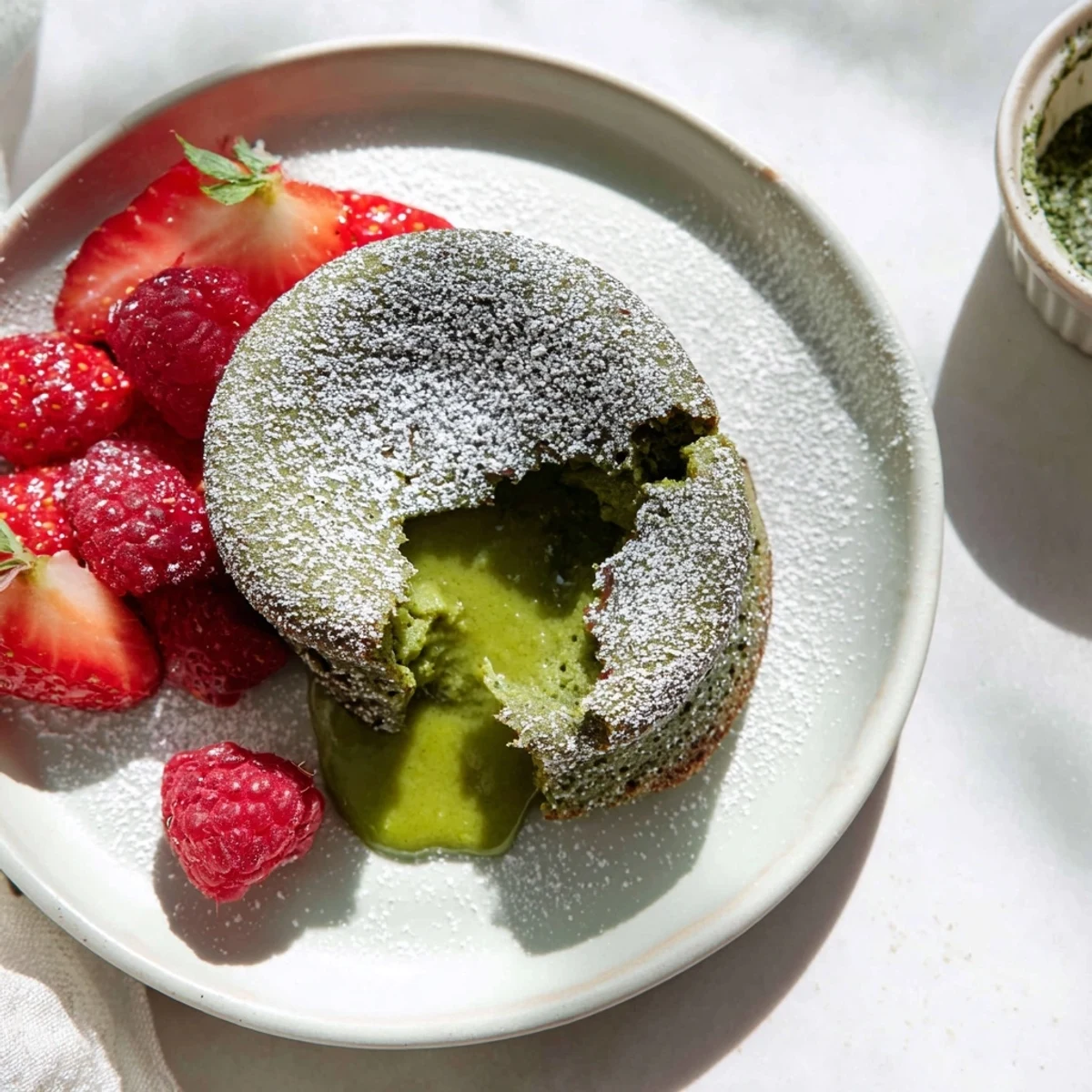 Individual matcha lava cake with molten green tea center oozing onto a white plate