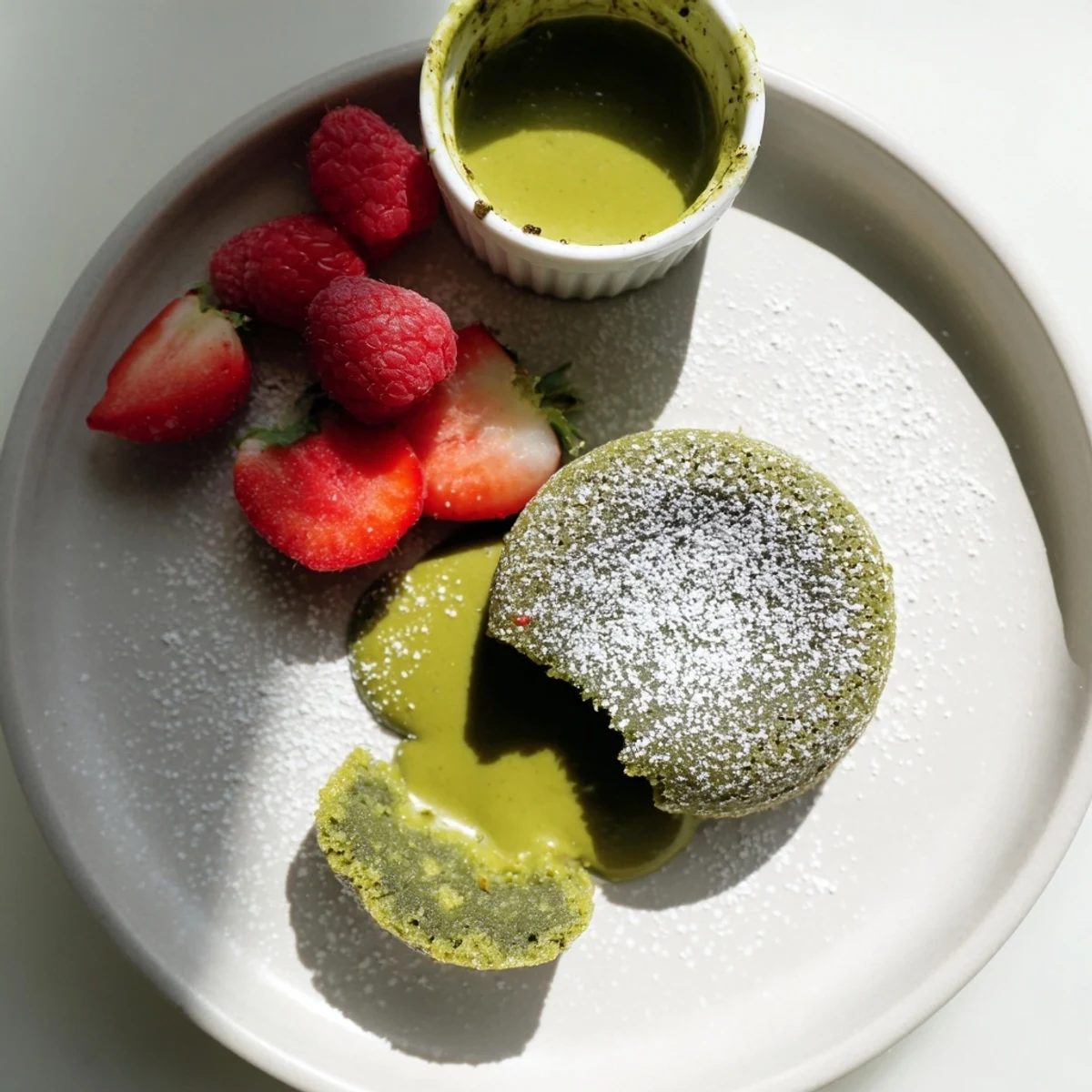 Warm matcha lava cake dusted with powdered sugar and garnished with fresh red berries