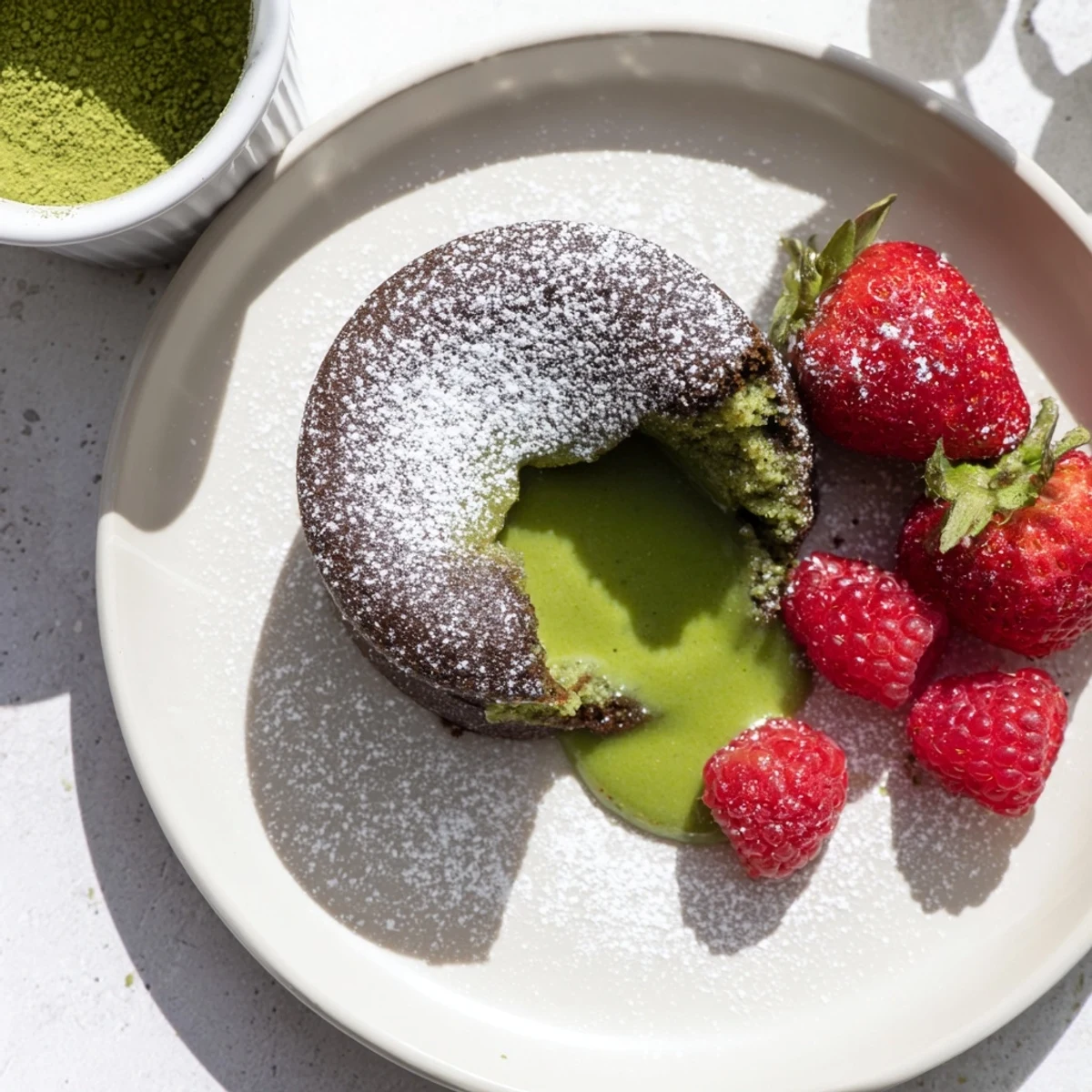 Golden brown matcha lava cake broken open to reveal vibrant flowing molten matcha center
