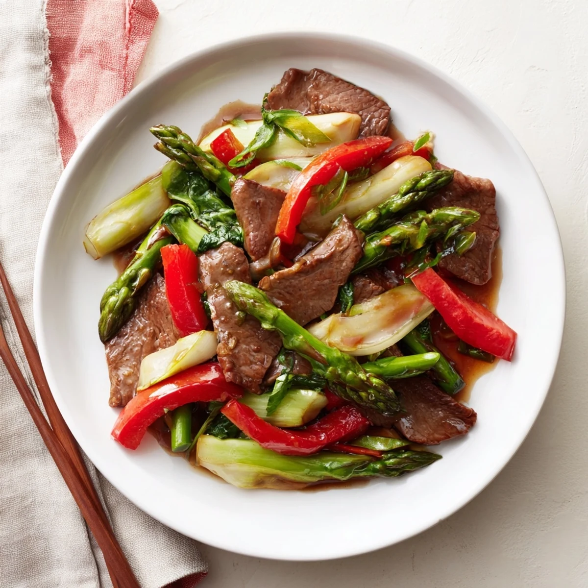 Weeknight dinner bowl featuring soy beef stir fry with vibrant green asparagus and bok choy