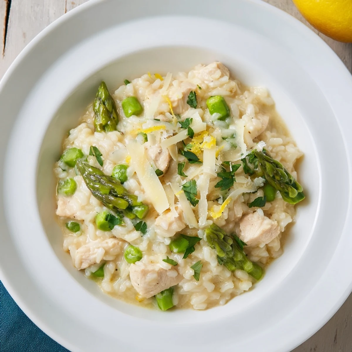 Creamy chicken and asparagus risotto topped with grated Parmesan and fresh parsley in a white bowl