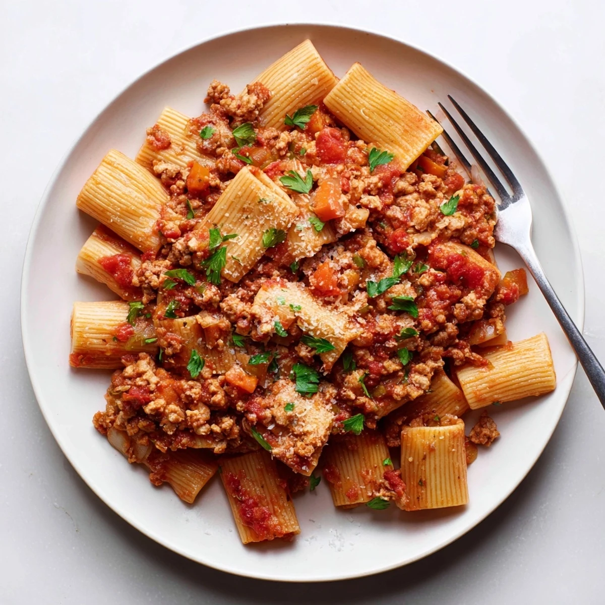 Creamy turkey bolognese sauce draped over spaghetti with fresh parsley garnish and grated parmesan