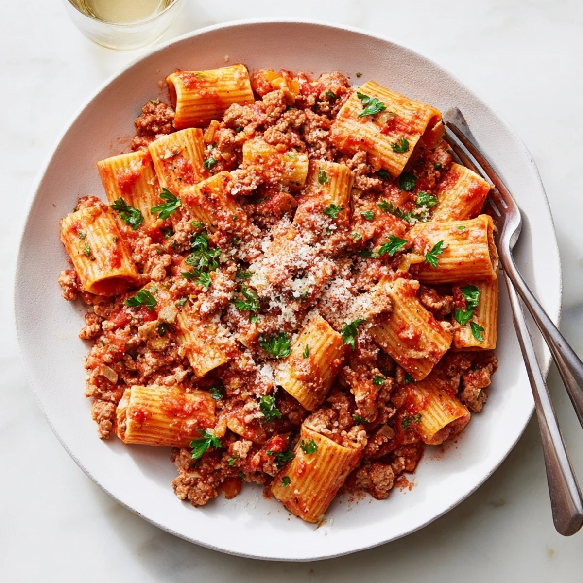 Savory turkey bolognese pasta bowl topped with fresh herbs and parmesan cheese shavings