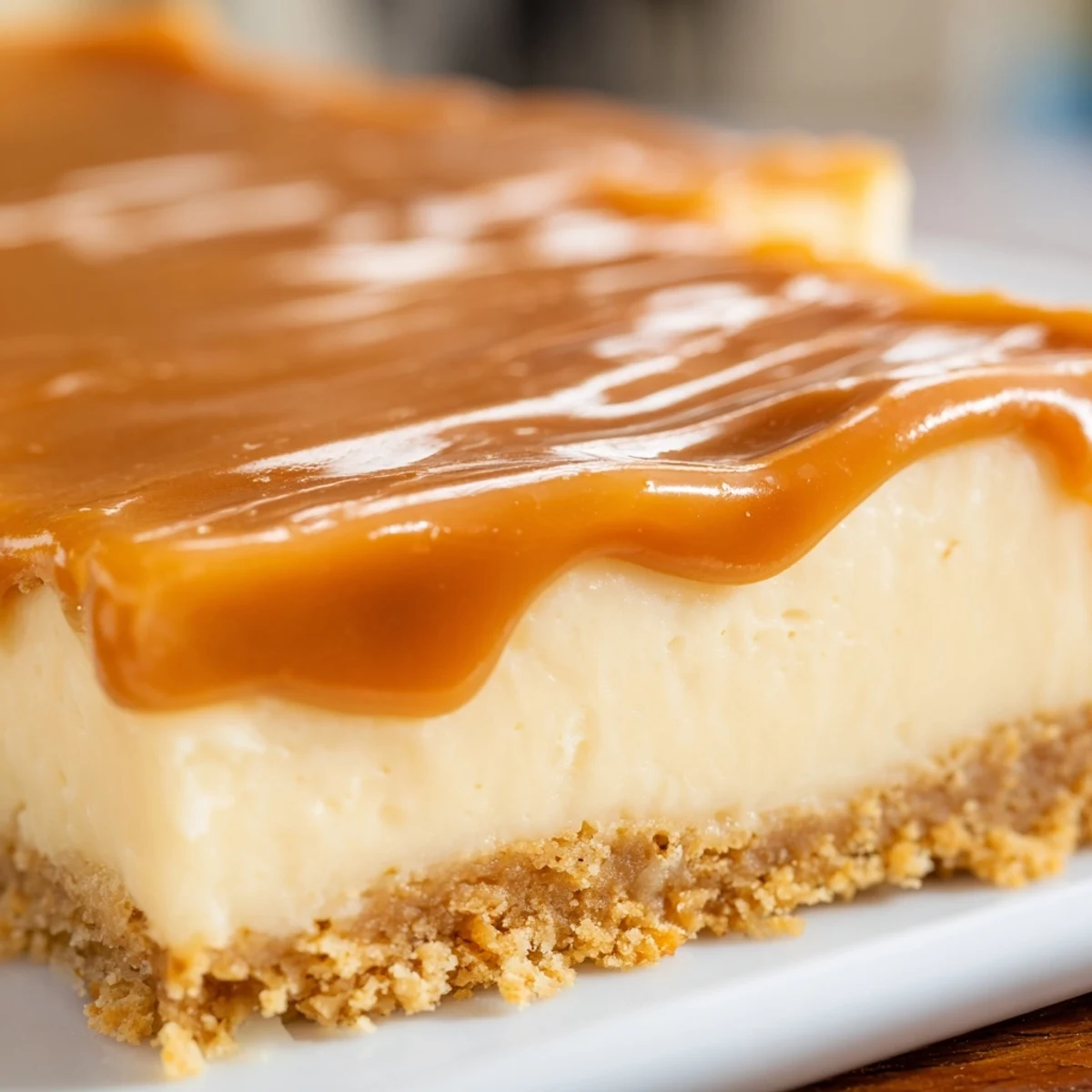 Hand holding a plated creamy caramel cheesecake bar showing the three delicious layers of crust filling and sauce