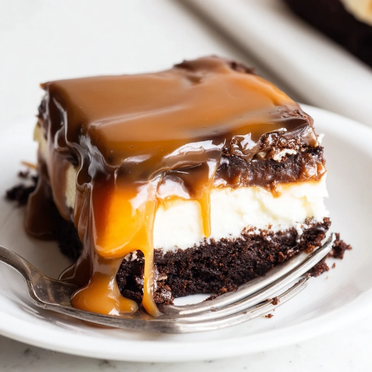 Decadent caramel brownie cheesecake bliss dessert topped with golden drizzled caramel sauce on a chilled square pan
