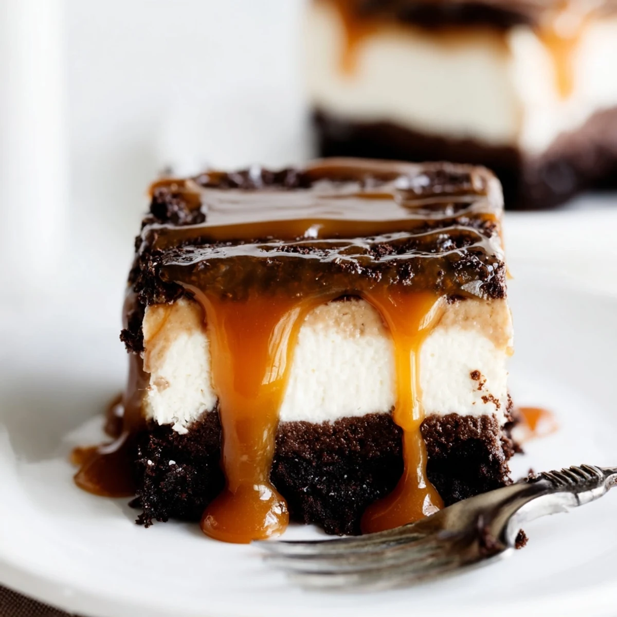 Rich caramel brownie cheesecake bars layered with fudgy chocolate and velvety smooth cream cheese filling