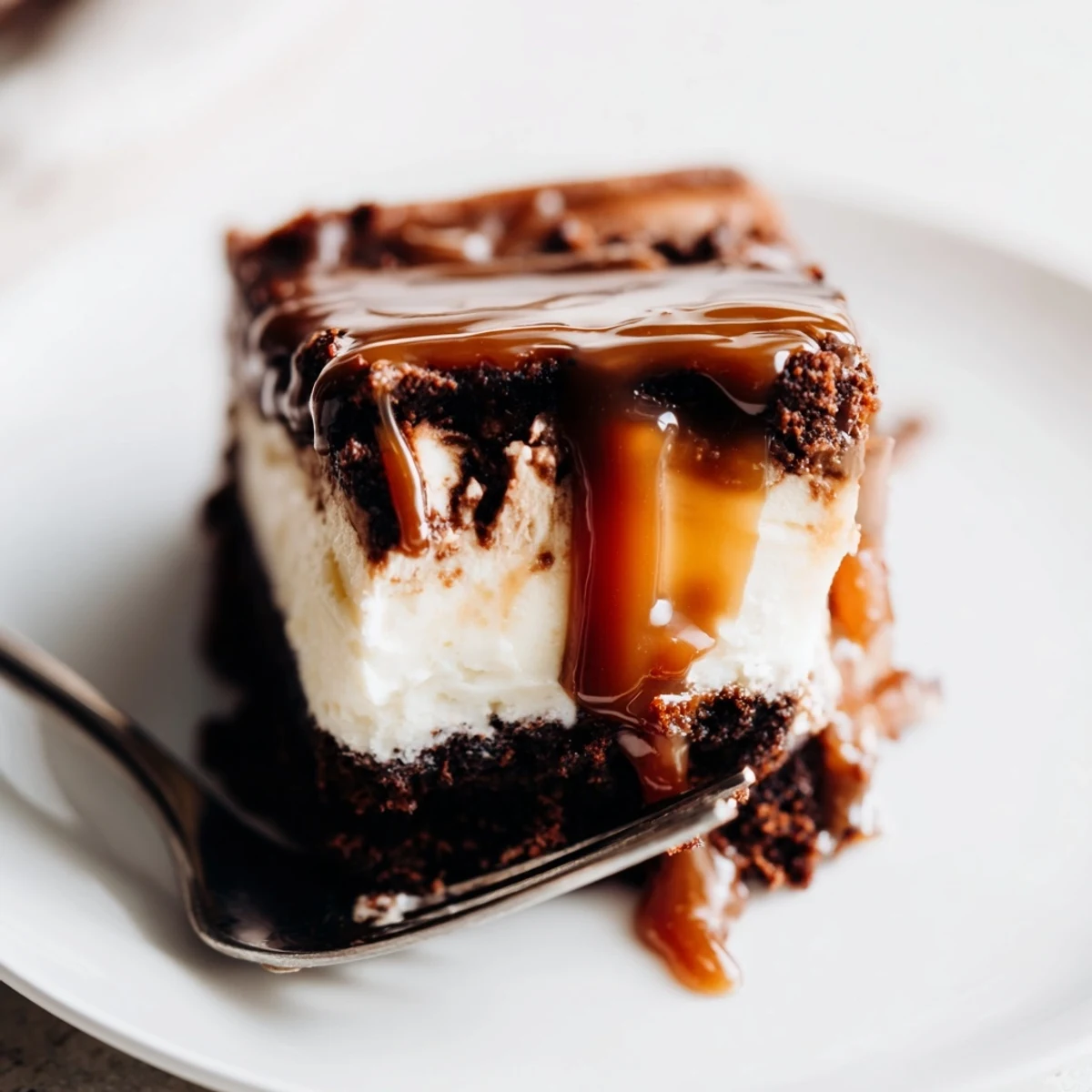 Slice of caramel brownie cheesecake revealing three tempting layers of dark chocolate brownie and creamy vanilla cheesecake