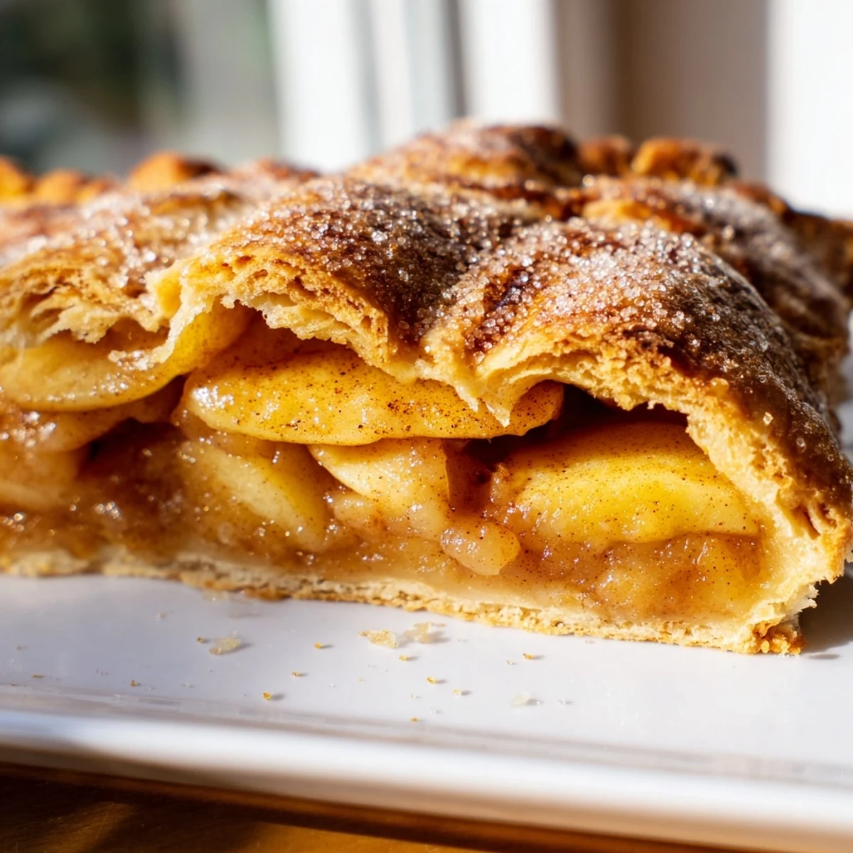 Golden apple slab pie with flaky crust and spiced apple filling baked in a rectangular pan