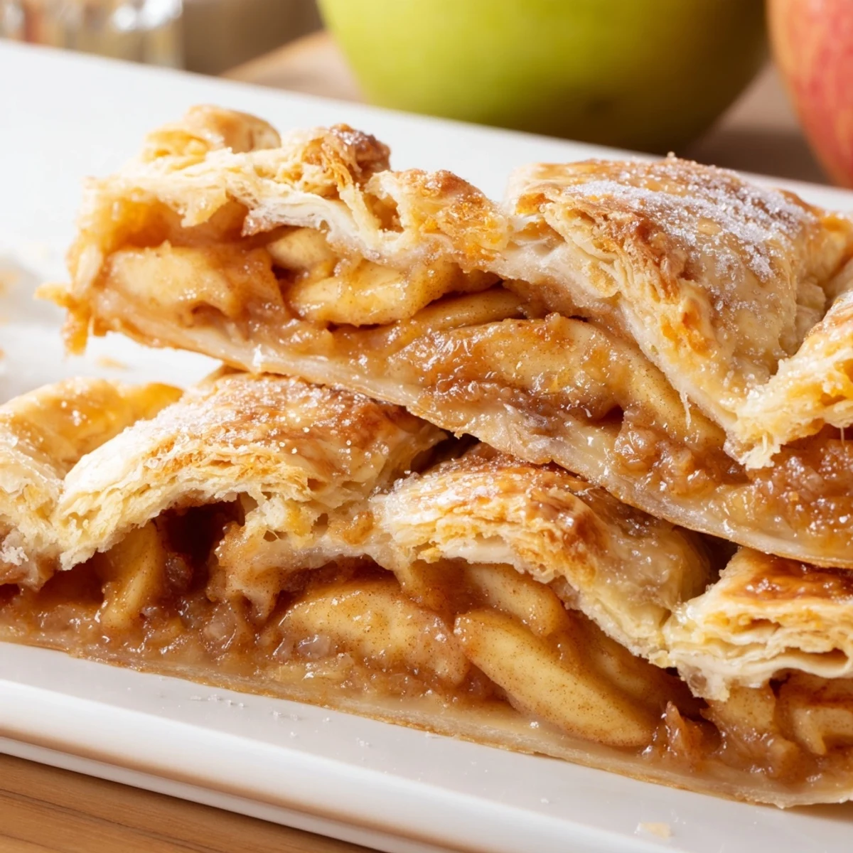 Generous rectangular apple slab pie featuring bubbling cinnamon apple layers beneath a golden brown pastry crust