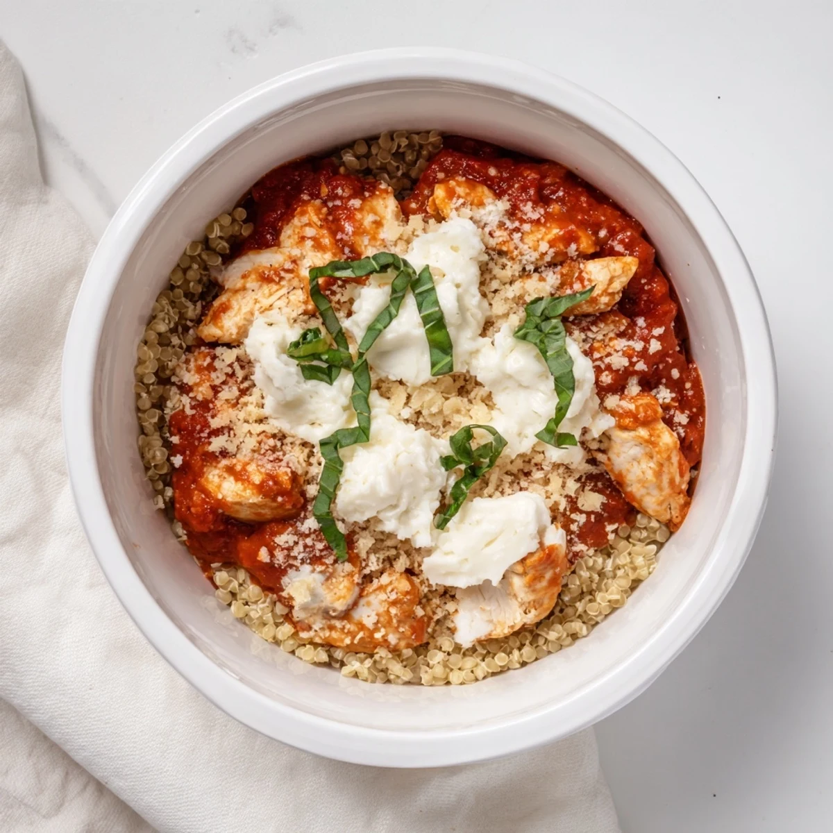 Golden brown chicken parmesan bowl topped with melted mozzarella and crispy toasted panko breadcrumbs
