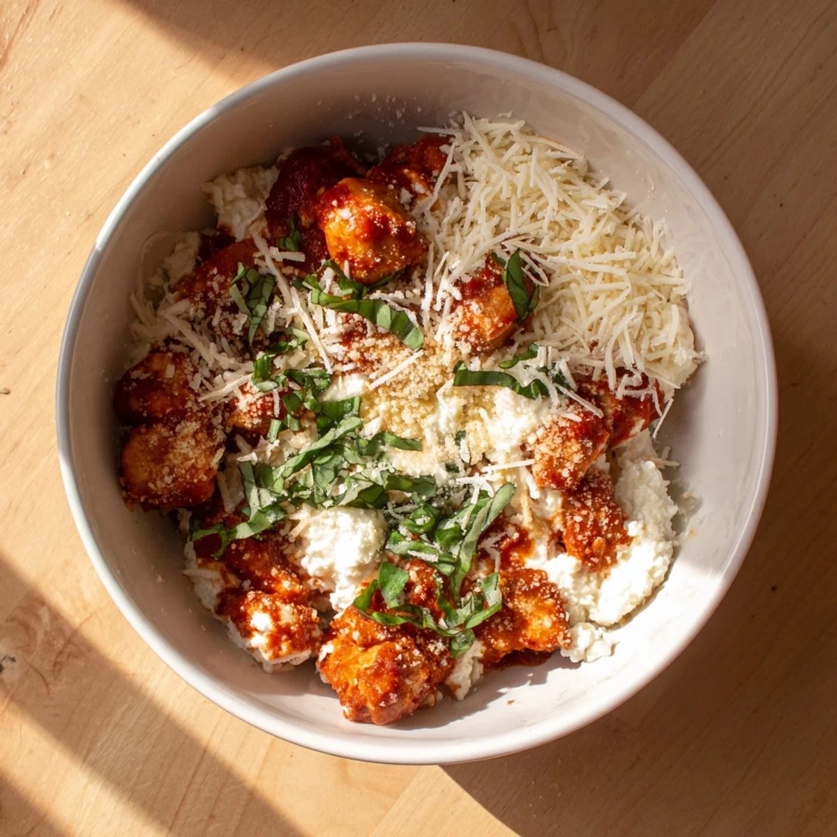 High protein chicken parm cottage cheese bowl garnished with fresh basil and bubbling marinara