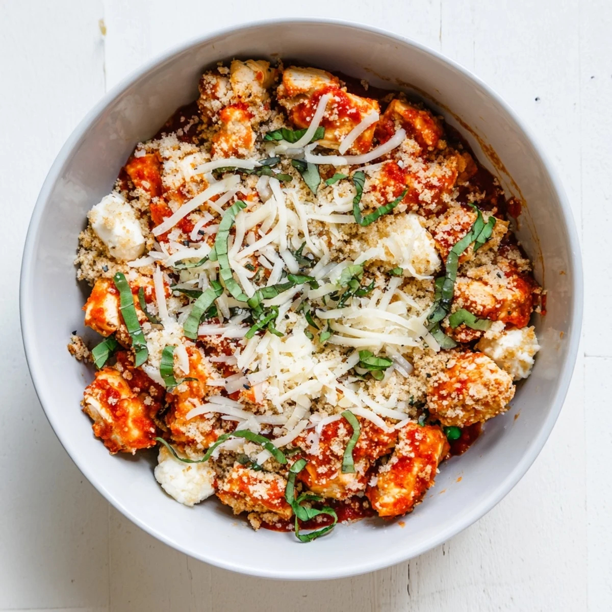 Creamy cottage cheese bowl featuring seasoned chicken under a layer of melted parmesan cheese