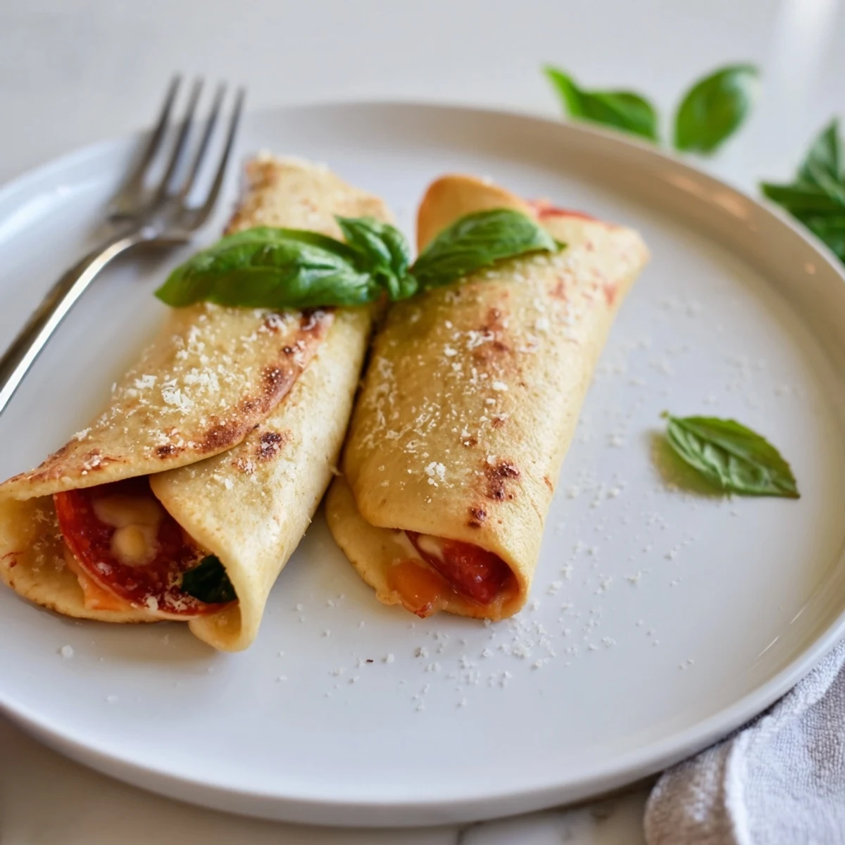 Air fryer pizza burritos sliced open revealing cheesy filling with colorful bell peppers