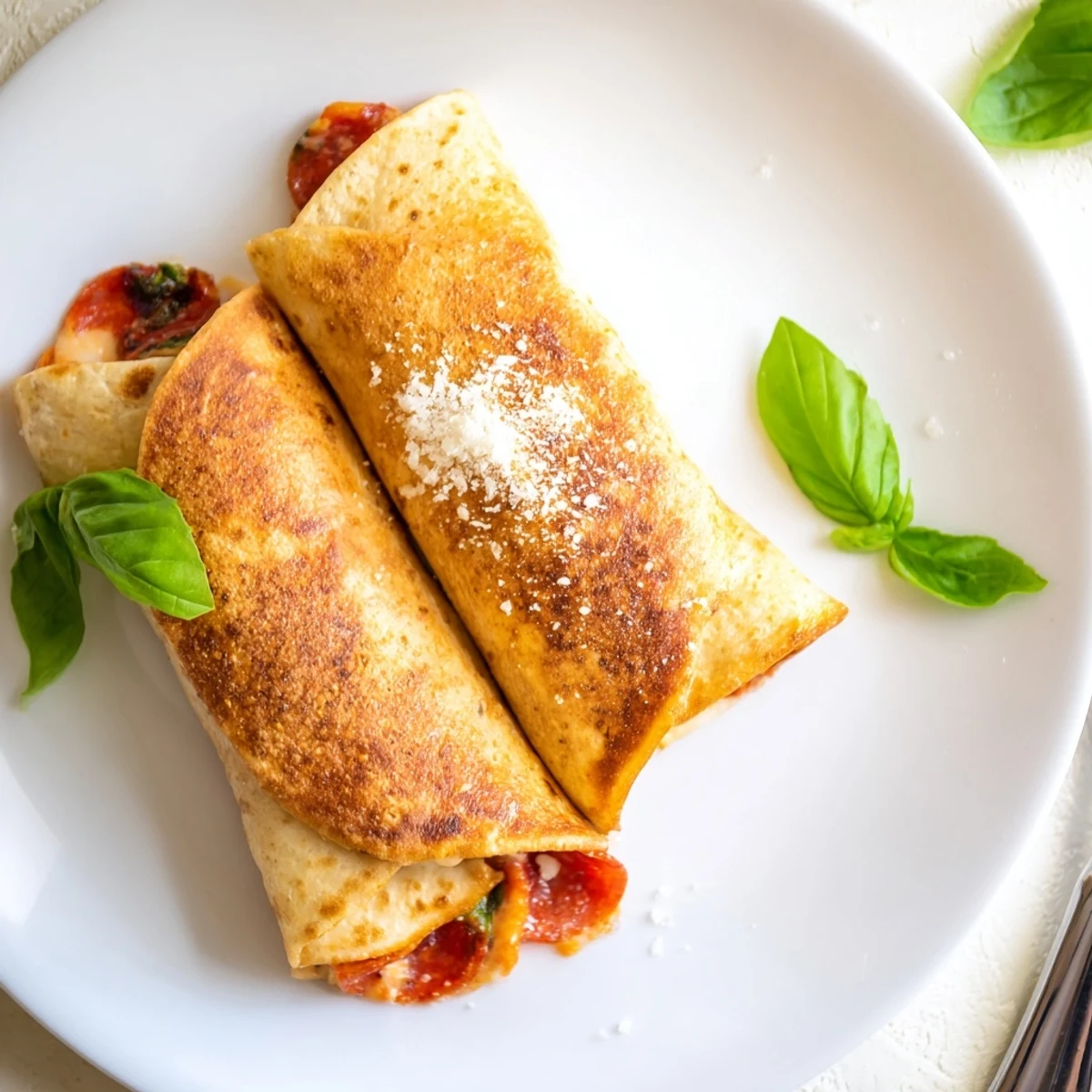 Golden crispy pizza burritos fresh from the oven with melted mozzarella and pepperoni