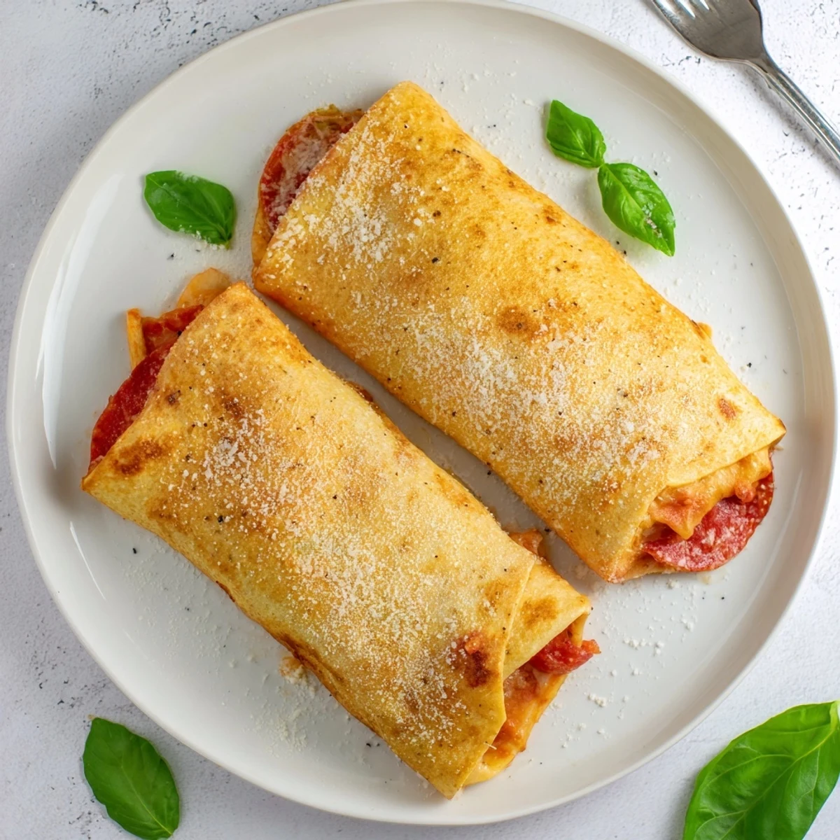 Oven baked pizza burritos sprinkled with Parmesan and fresh basil ready for dipping