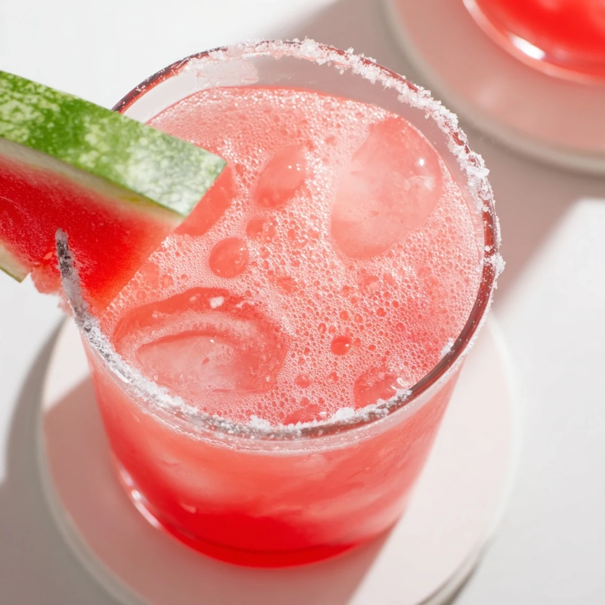 Pink watermelon margarita mocktail garnished with fresh lime wedges and watermelon slices on ice