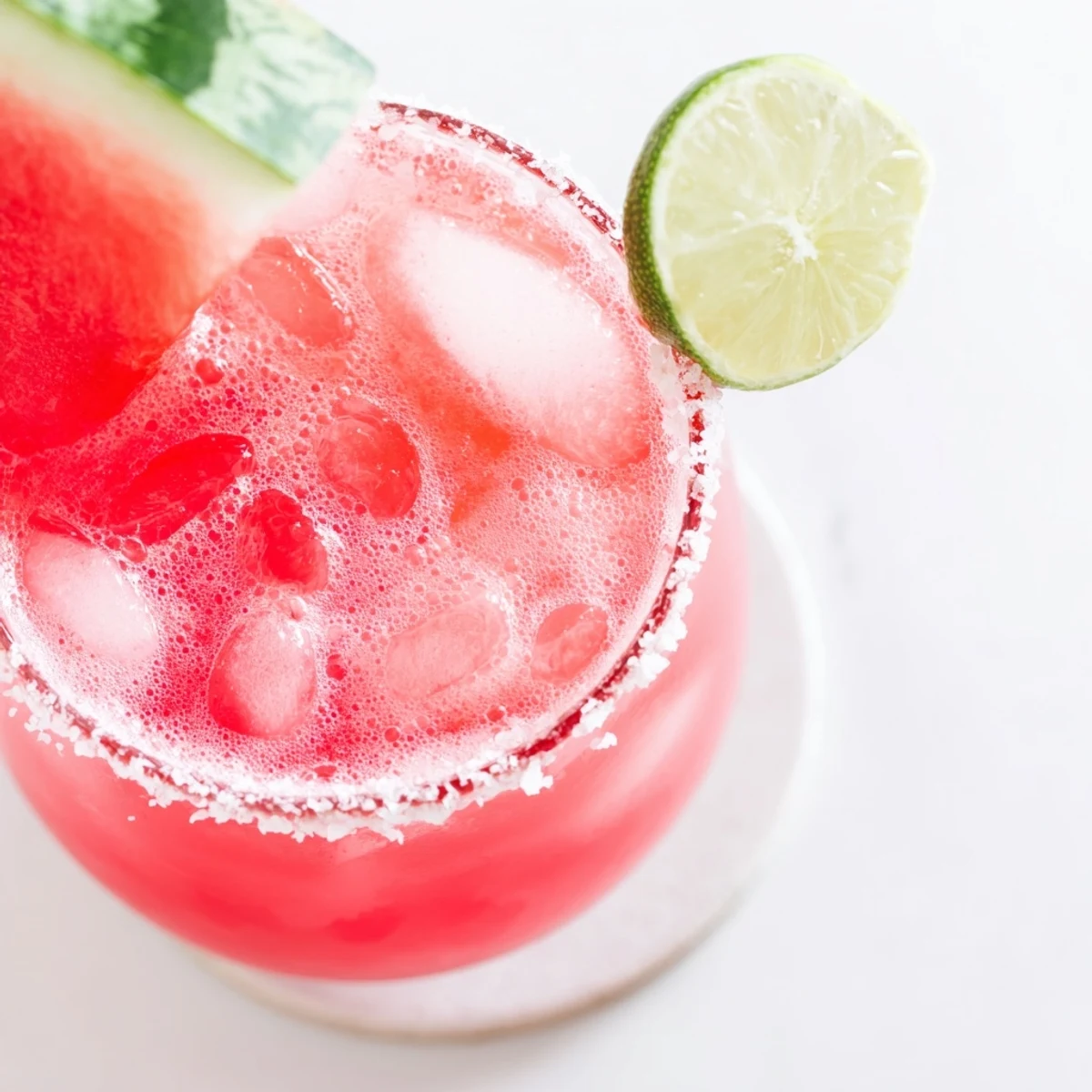 Refreshing watermelon margarita mocktail in a sugar-rimmed glass with vibrant pink color and citrus garnish