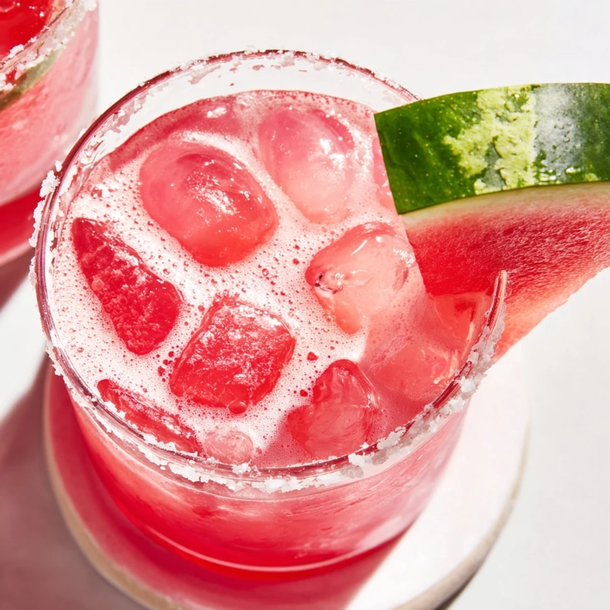 Non-alcoholic watermelon margarita mocktail blended with lime and agave, served over ice with fruit garnish