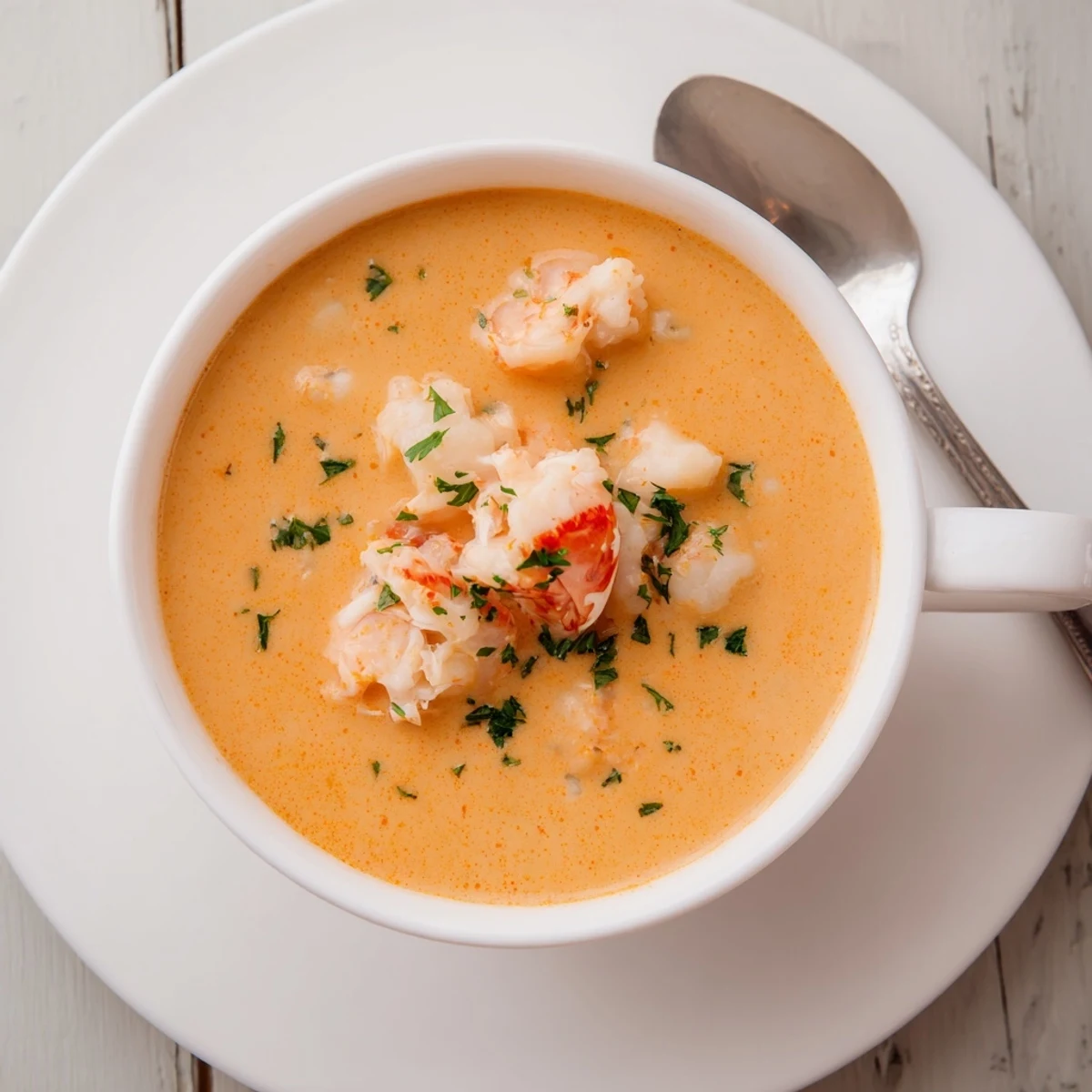 Creamy seafood bisque served in white bowl with fresh herb garnish and crusty bread