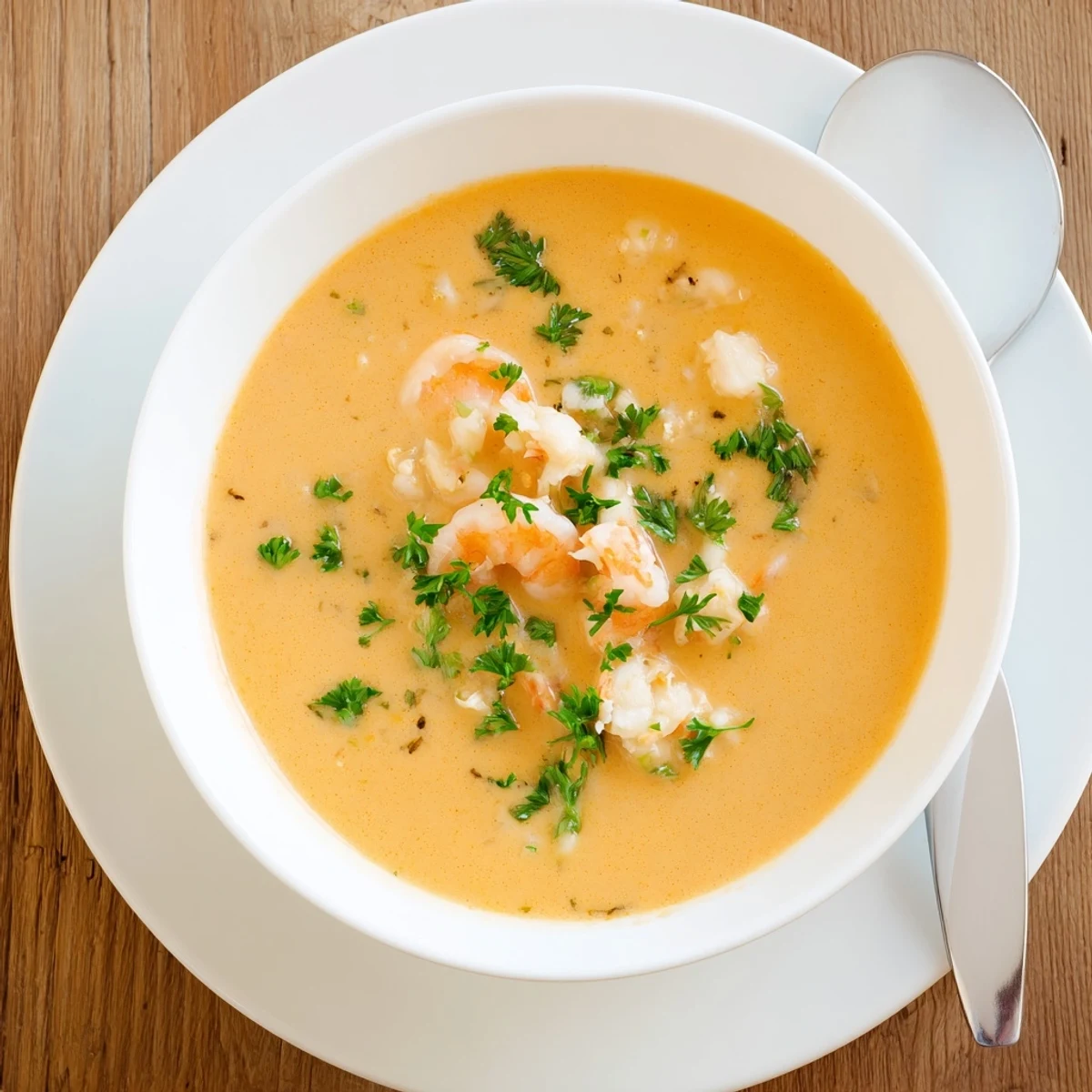 Rich French seafood bisque featuring shrimp, scallops and crab in smooth red-orange broth