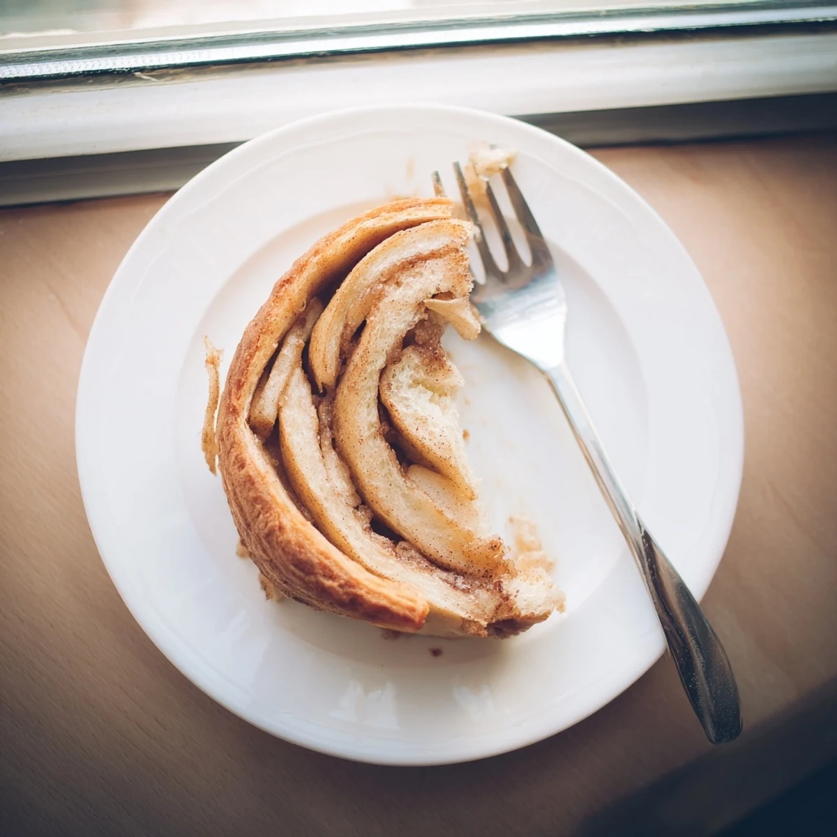 Golden brown cinnamon apple bread loaf with cinnamon sugar swirl on a wooden board