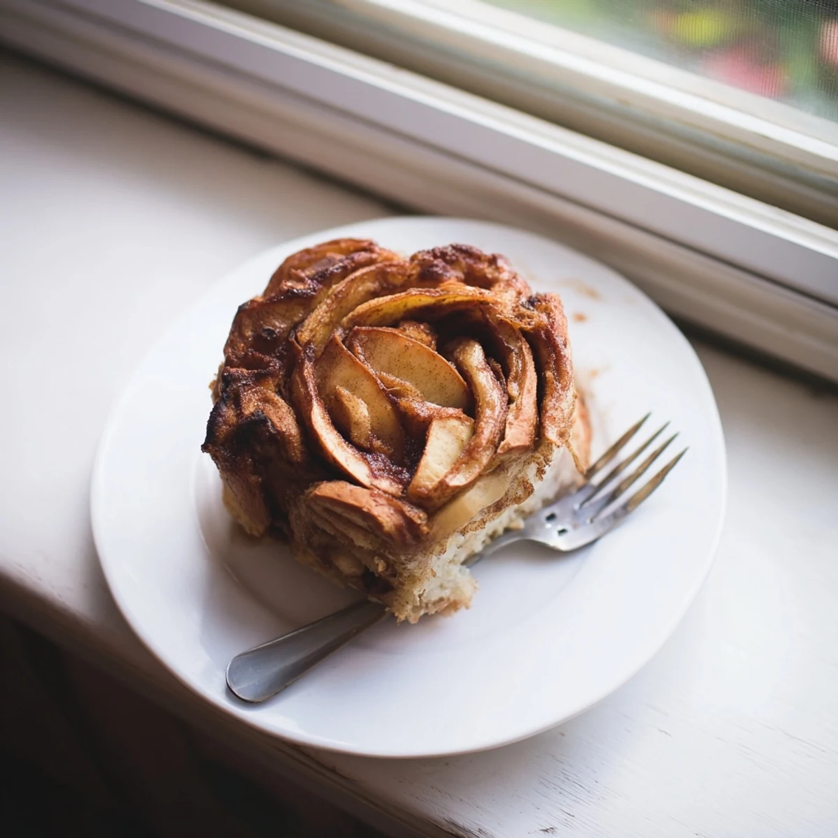 Warm cinnamon apple bread served on a plate with a cup of coffee