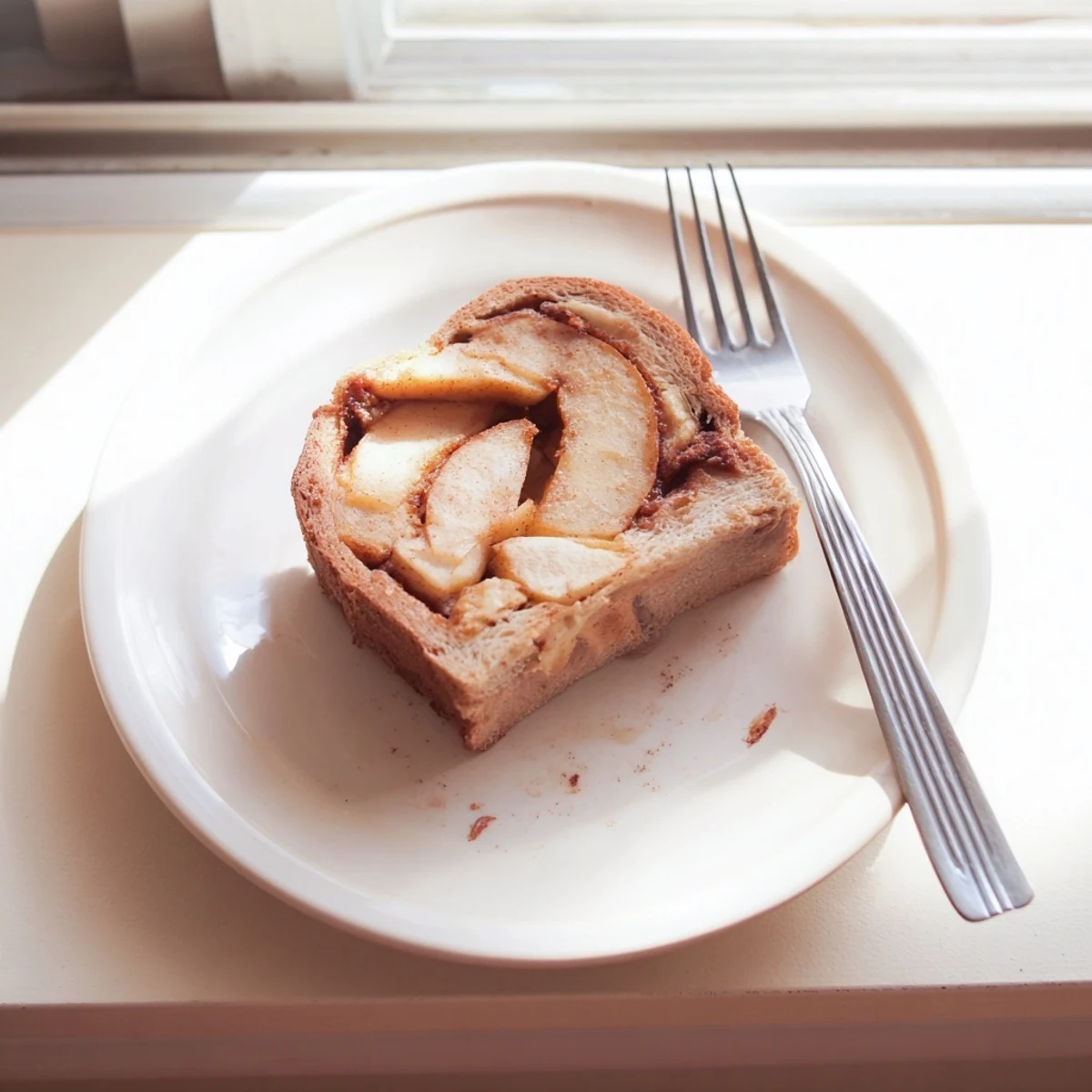 Sliced moist cinnamon apple bread revealing tender apple chunks and marbled cinnamon ribbon
