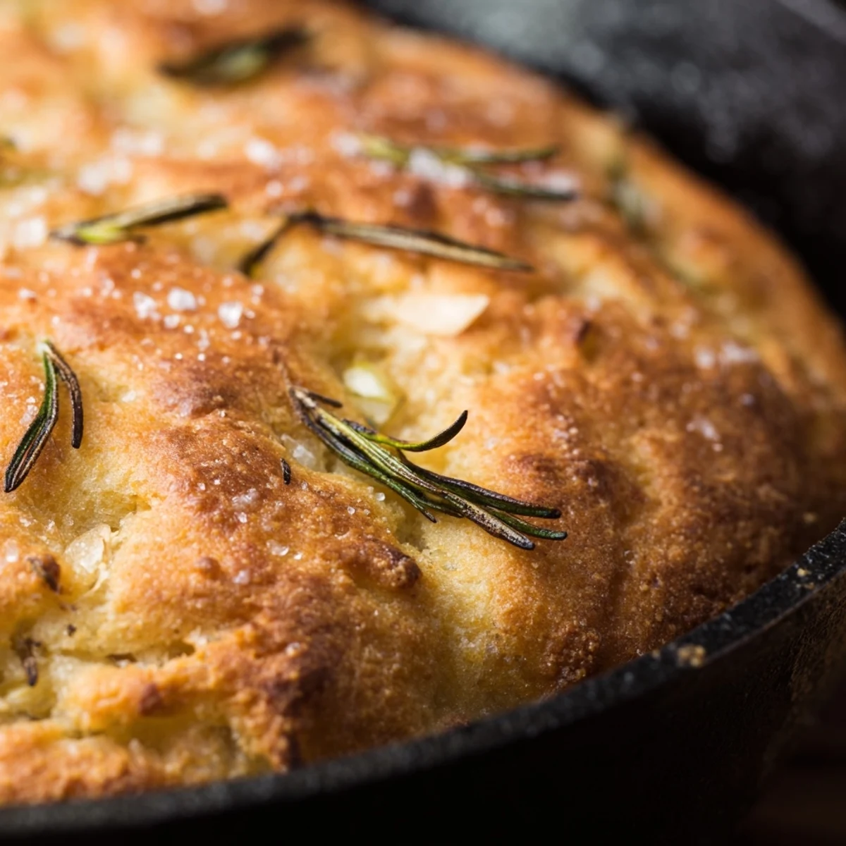 Golden rustic garlic rosemary skillet bread with flaky sea salt on a wooden board