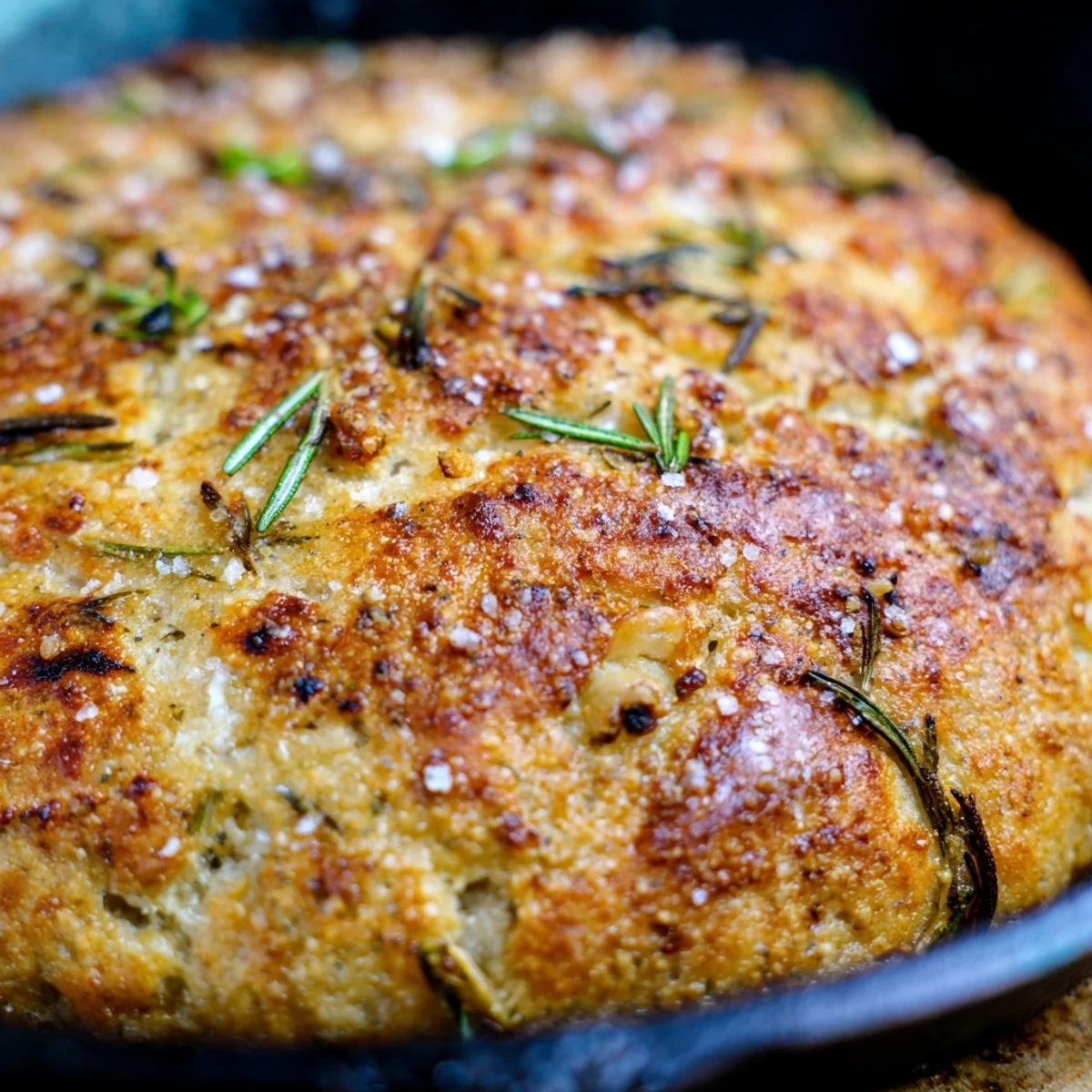 Warm skillet bread featuring roasted garlic and rosemary baked to crispy perfection