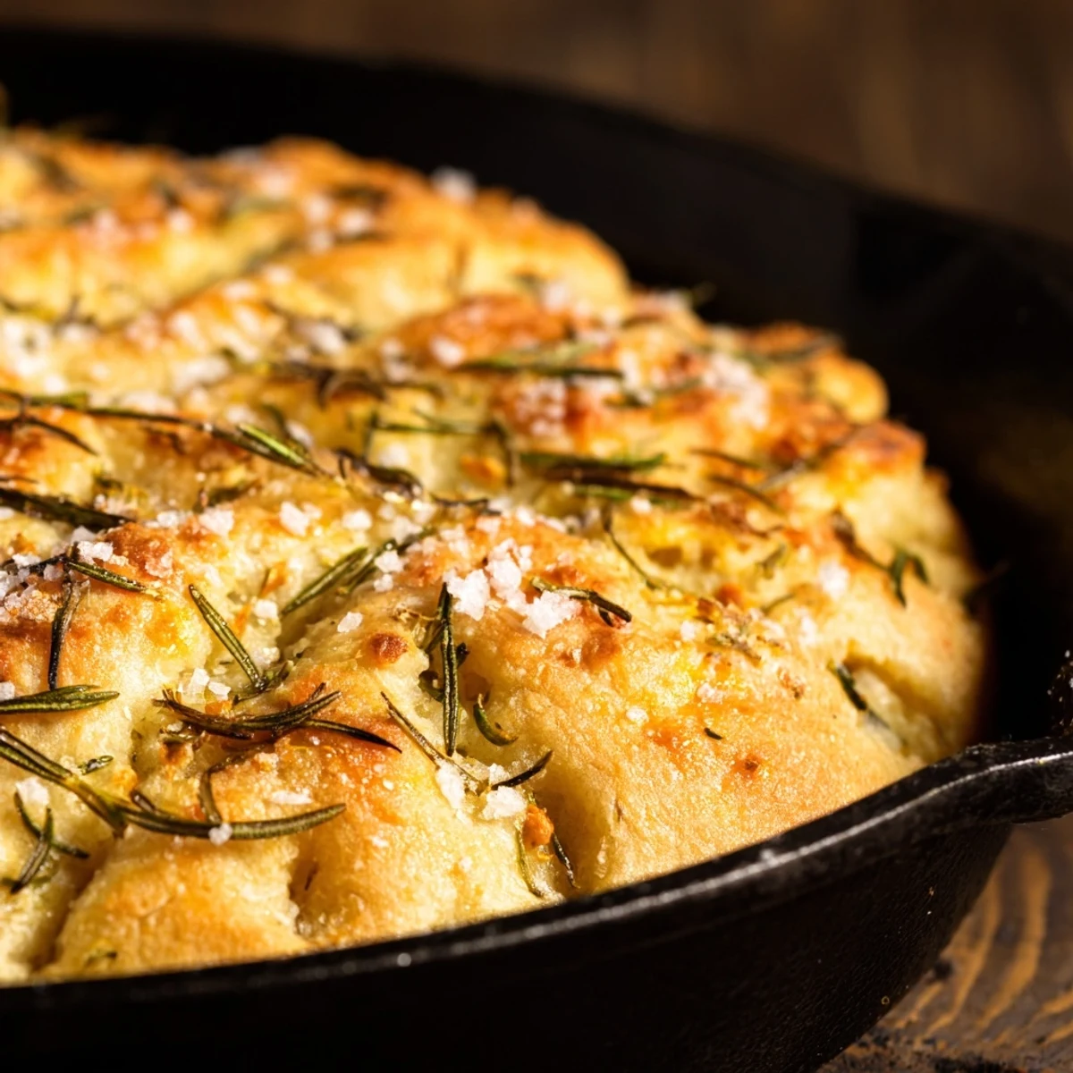 Cast iron skillet bread with aromatic rosemary and golden garlic crust ready for slicing