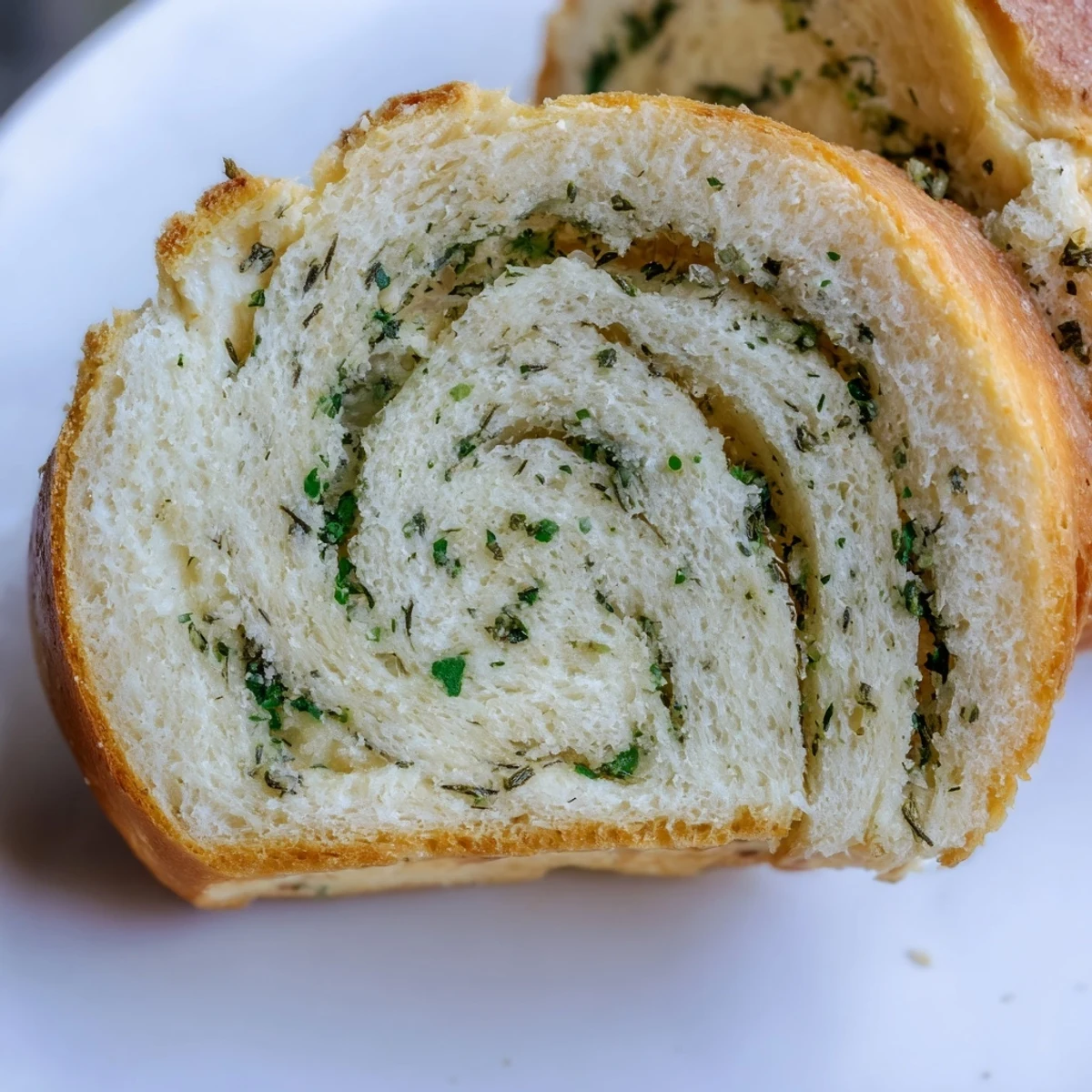 Sliced garlic and herb bread showing soft interior and golden herb-crusted crust