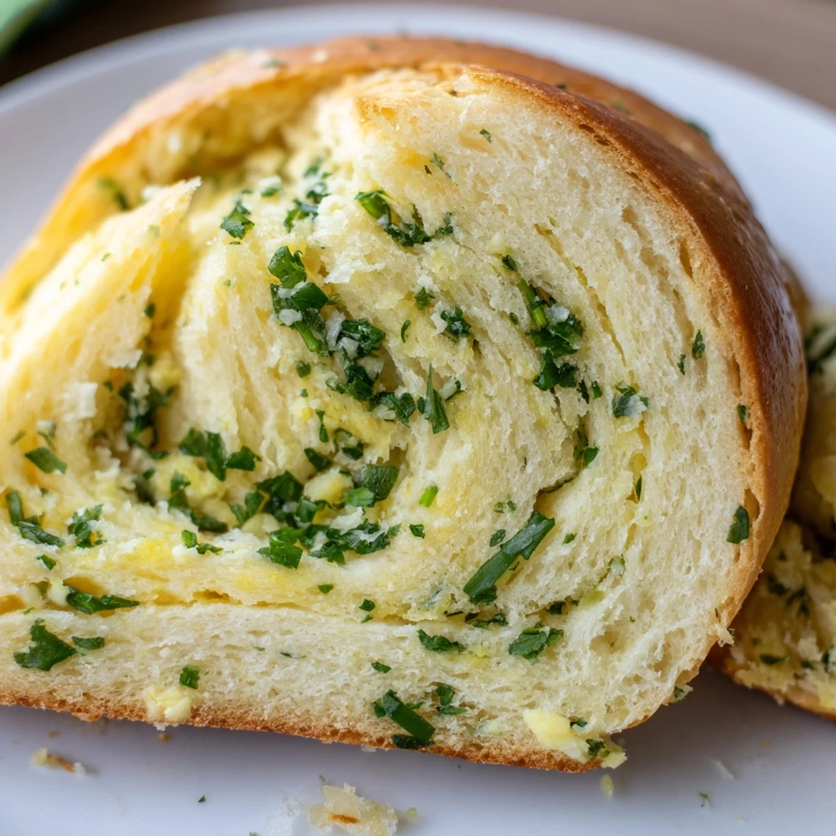 Warm garlic and herb bread loaf on wooden board ready for serving