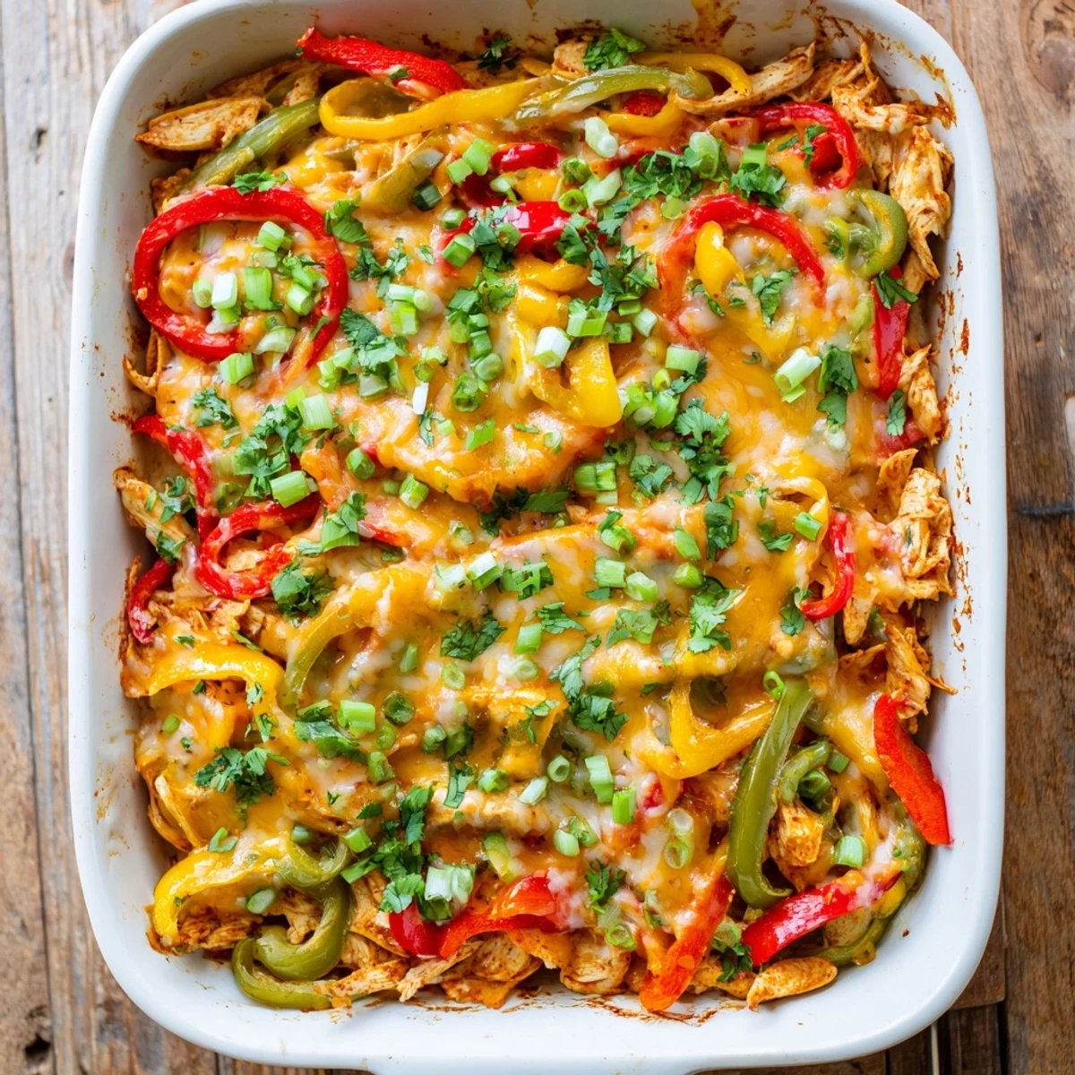 Baked cheesy chicken fajita casserole bubbling with melted cheese over tender chicken and vibrant bell peppers