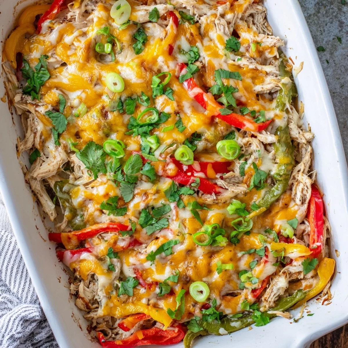Golden cheesy chicken fajita casserole topped with melted Mexican cheese and colorful sautéed peppers