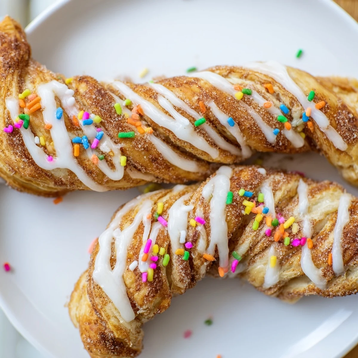 Golden Easter Bunny Twists drizzled with white icing and topped with colorful sprinkles on a white plate