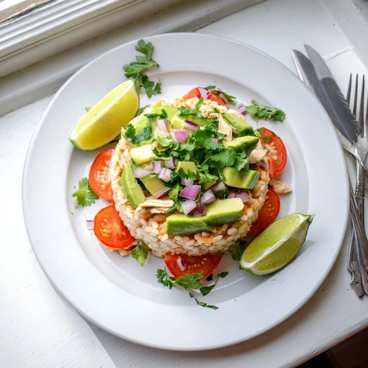 Layered honey lime chicken avocado rice stack with juicy sliced chicken and fresh garnish