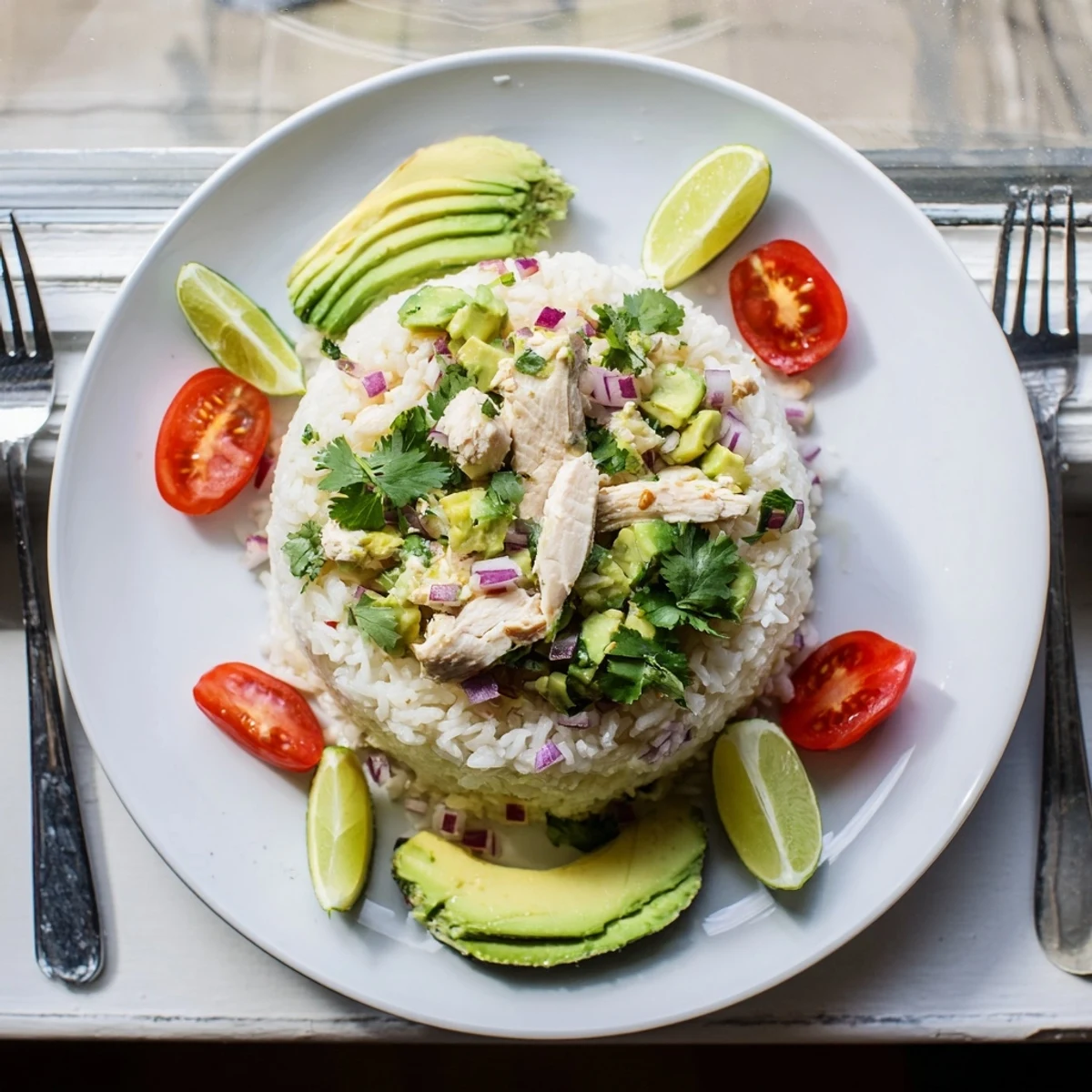 Vibrant honey lime chicken avocado rice stack featuring fluffy rice and tender marinated chicken