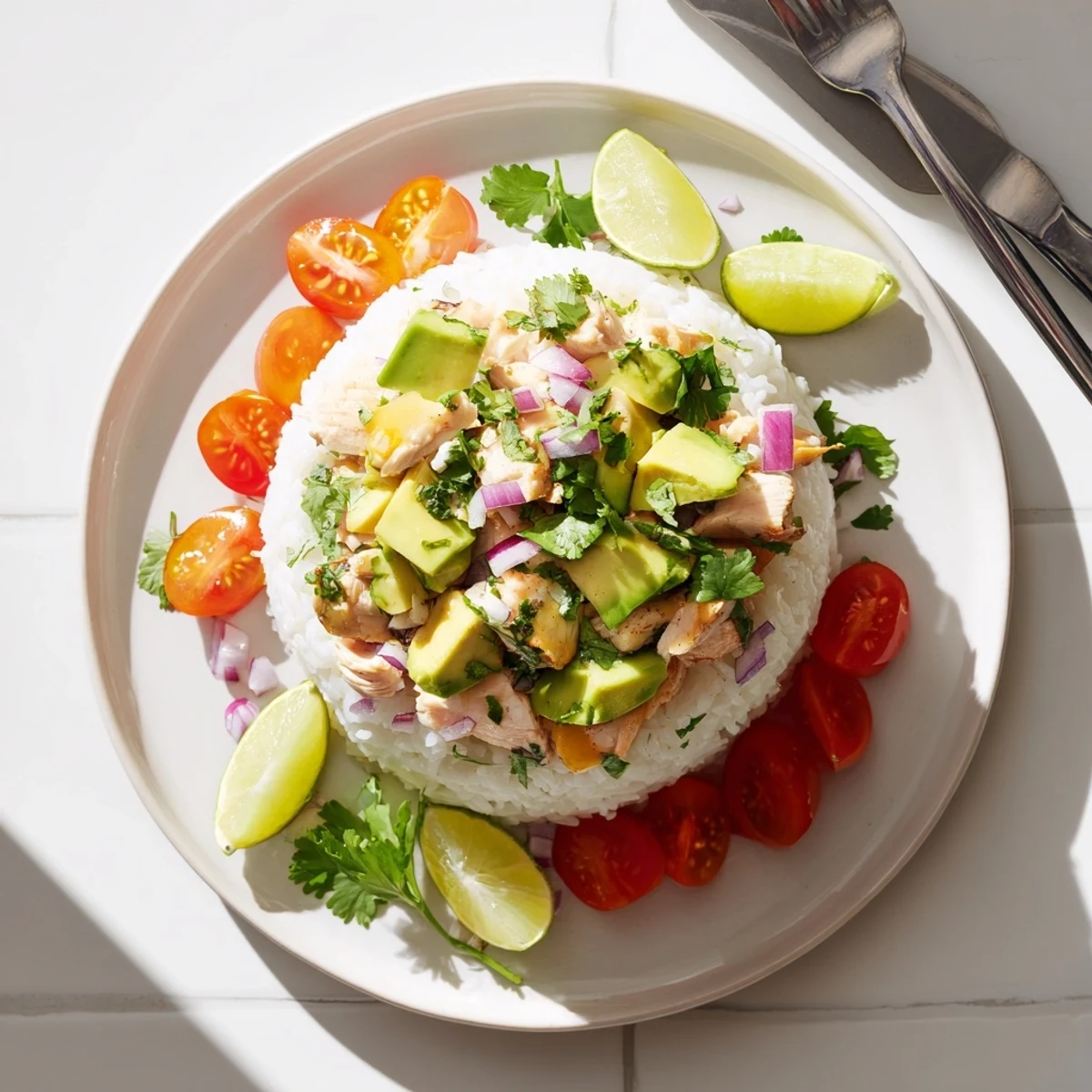 Golden honey lime chicken avocado rice stack topped with diced avocado and red onion