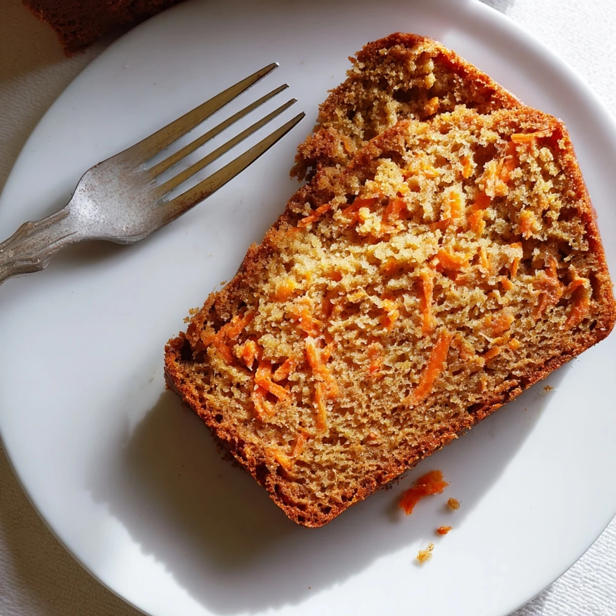 Golden brown carrot cake banana bread loaf speckled with orange grated carrots and warming cinnamon spices, sliced to reveal moist tender crumb inside