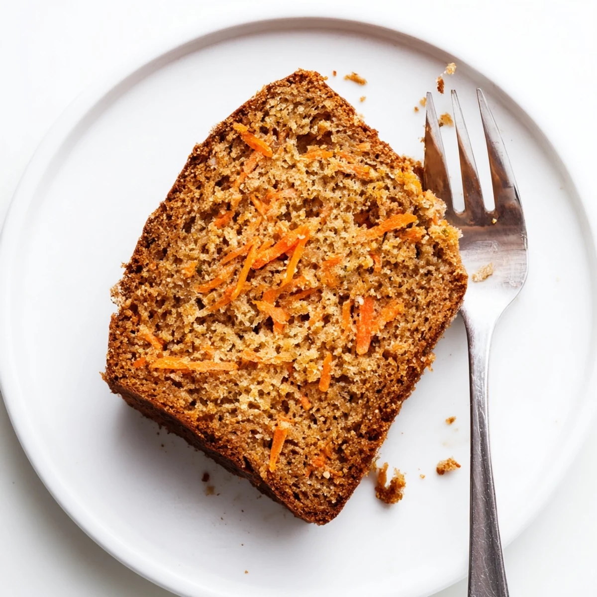 Thick slice of moist carrot cake banana bread topped with chopped walnuts on a rustic wooden board, perfect for breakfast or brunch