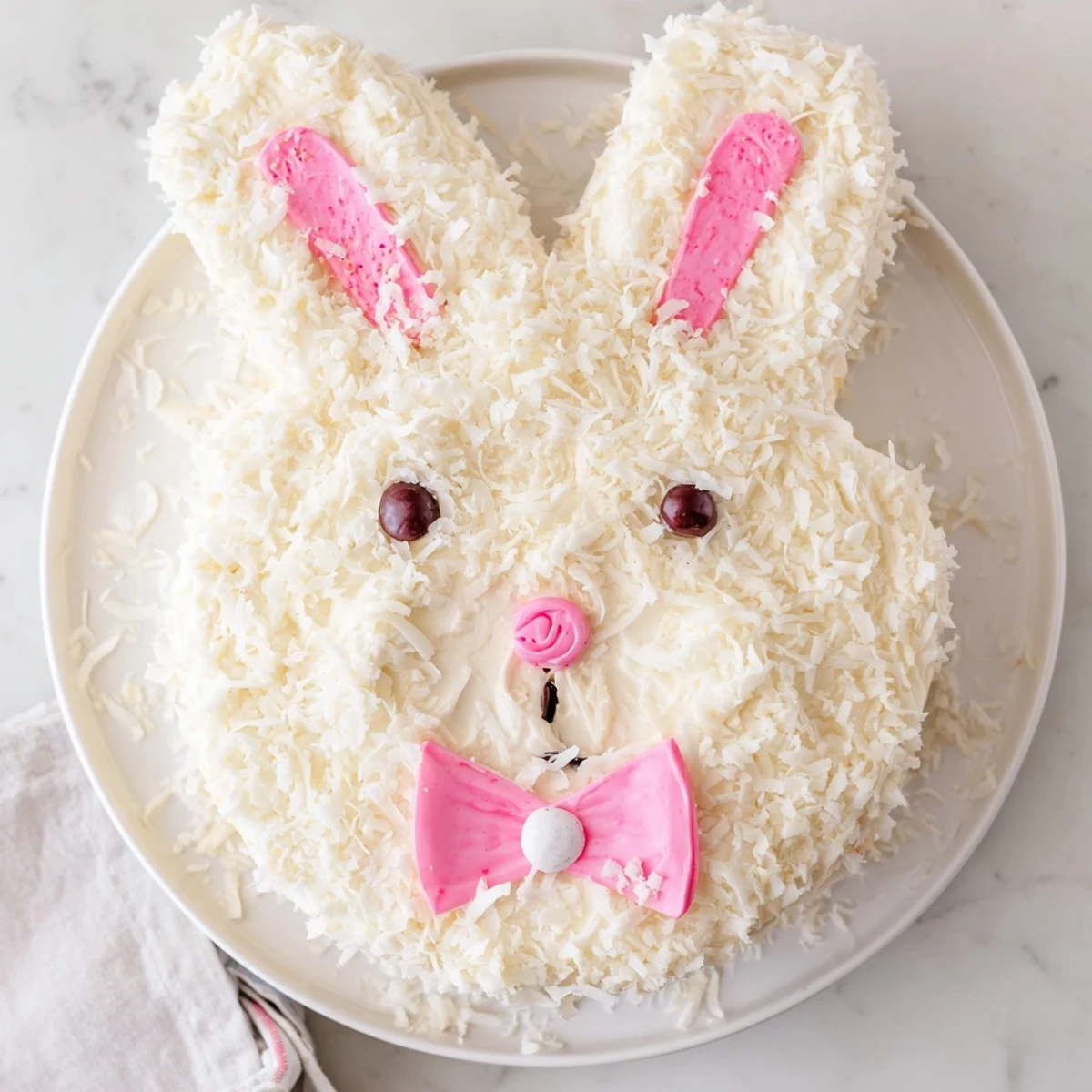 Adorable white bunny cake with coconut fur, pink ears, and candy face decorations on serving platter