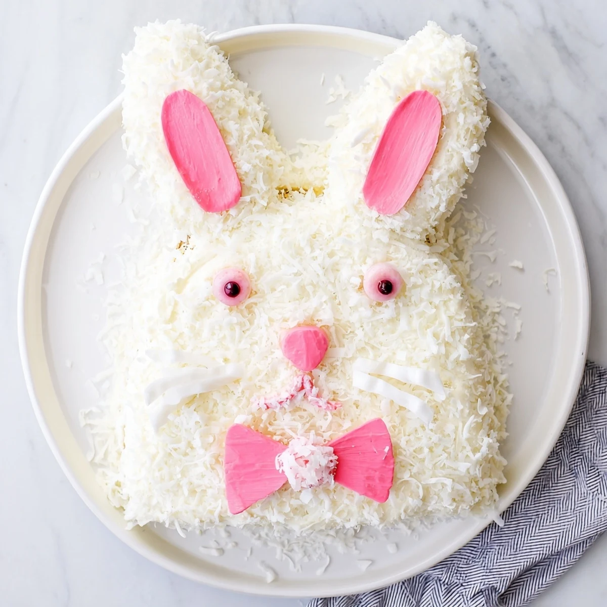 Festive Easter bunny cake shaped from moist vanilla layers covered in fluffy white buttercream frosting