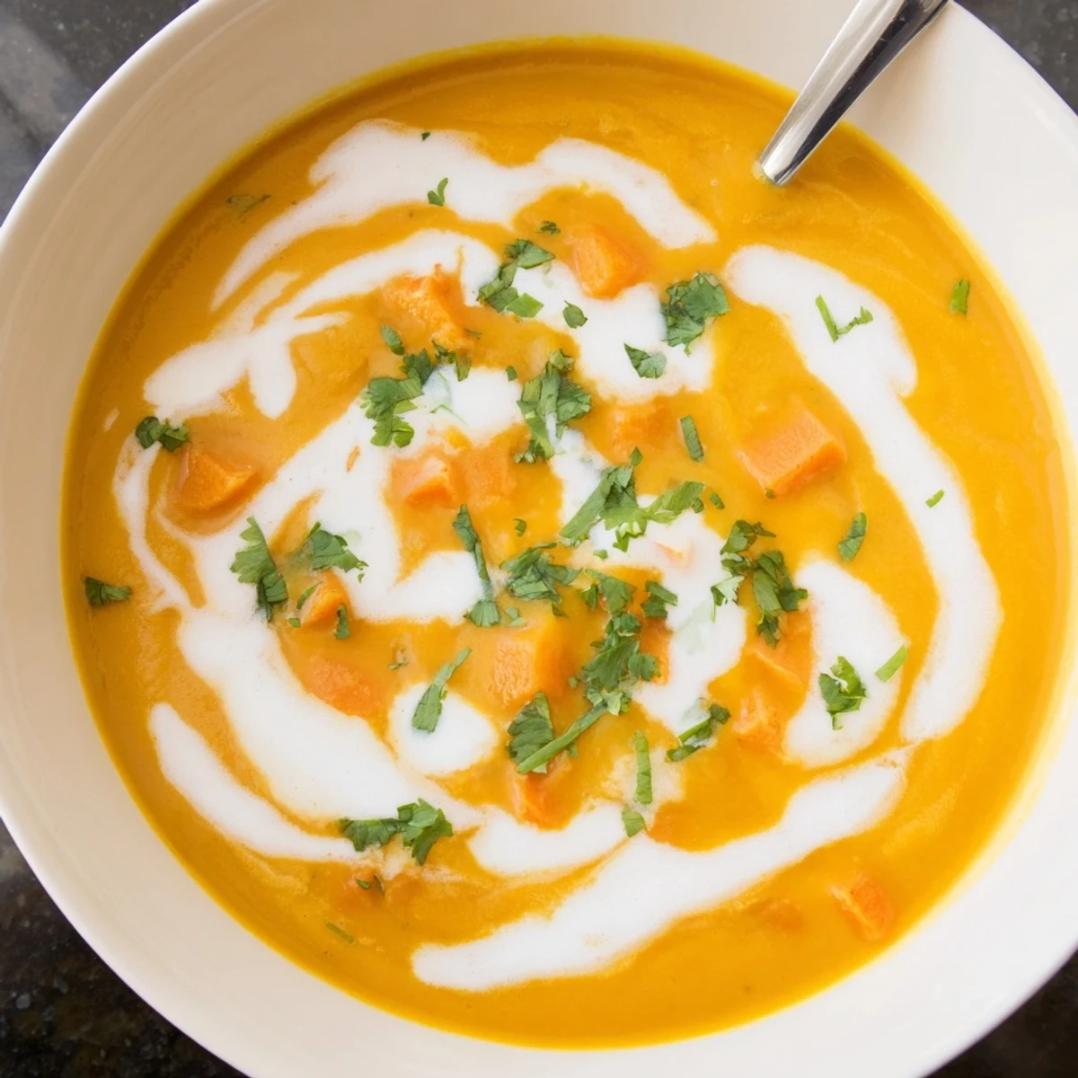 Creamy spicy apple soup recipe garnished with fresh herbs and coconut cream swirl in a white bowl