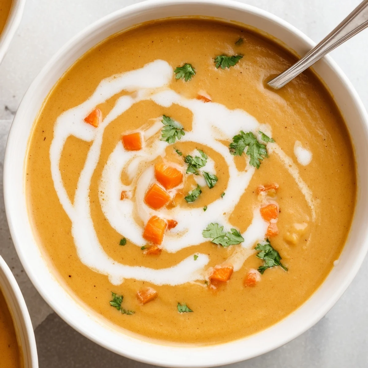Steam rising from a bowl of spicy apple soup recipe topped with chopped coriander and crusty bread