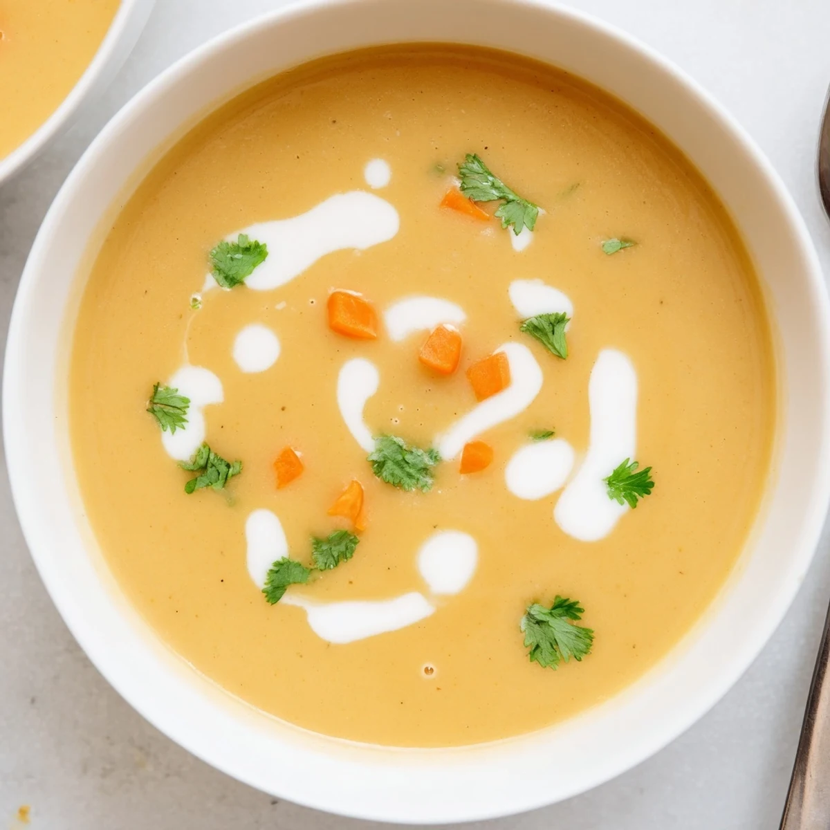 Smooth pureed spicy apple soup recipe served hot with coconut milk swirl and herb garnish on wooden table