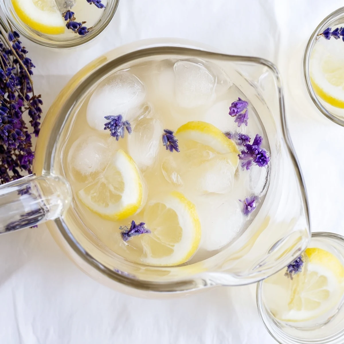 Refreshing lavender lemonade drink with floating ice cubes and citrus wedges in a clear glass container