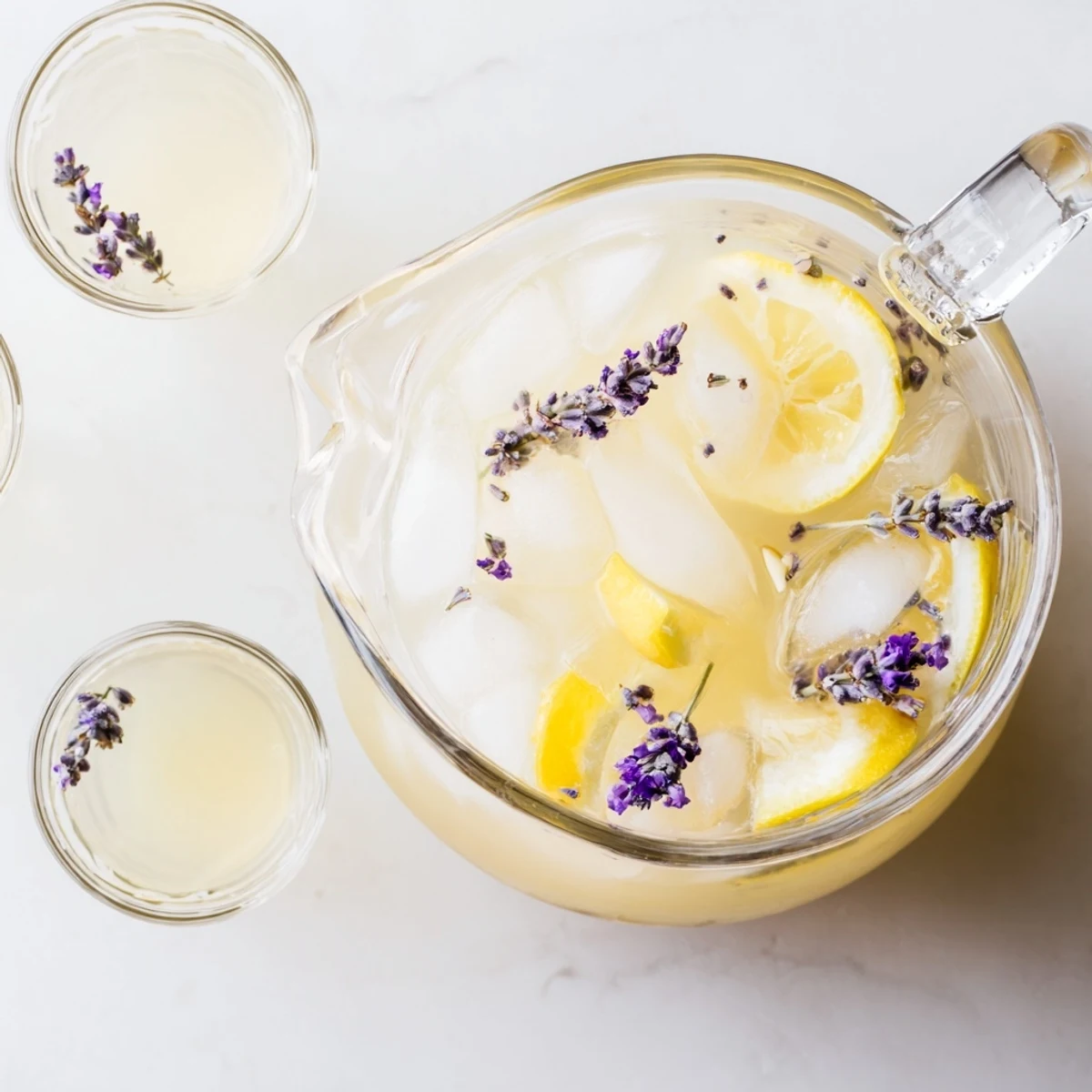 Glass pitcher of lavender lemonade garnished with fresh lemon slices and purple lavender sprigs on ice